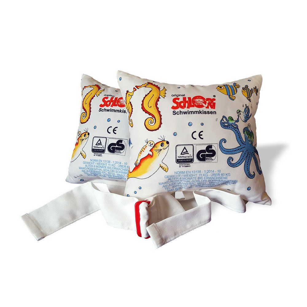 Zwei weiße Schwimmkissen mit maritimen Motiven und CE-GS-Siegeln. Inklusive weißem Gurt mit rotem Verschluss.