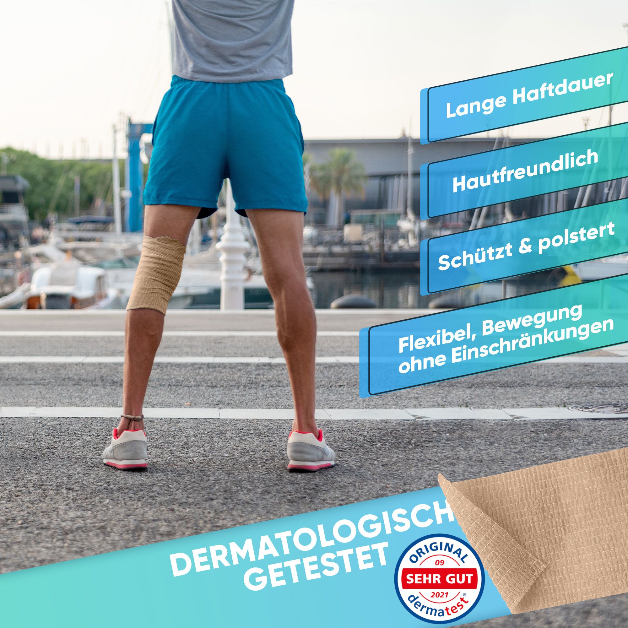 Sportler mit Haftbandage am Knie, dermatologisch getestet, lange Haftdauer.