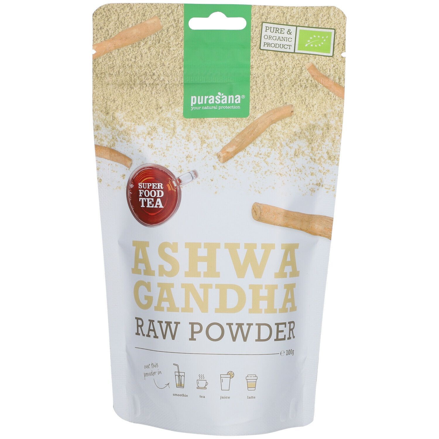 Beutel mit Ashwagandha-Pulver. Aufschrift: Super Food Tea, Ashwagandha Raw Powder. Bio-Siegel.