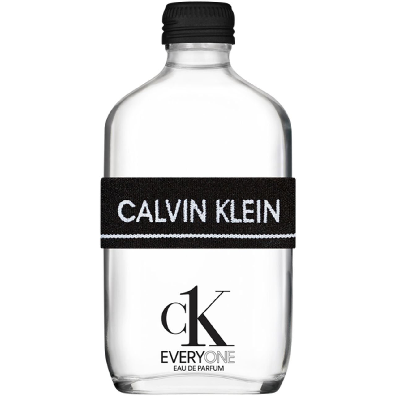 Klarer Flakon mit schwarzem Verschluss und Band mit "CALVIN KLEIN"-Schriftzug. "ck EVERYONE"-Logo darunter.