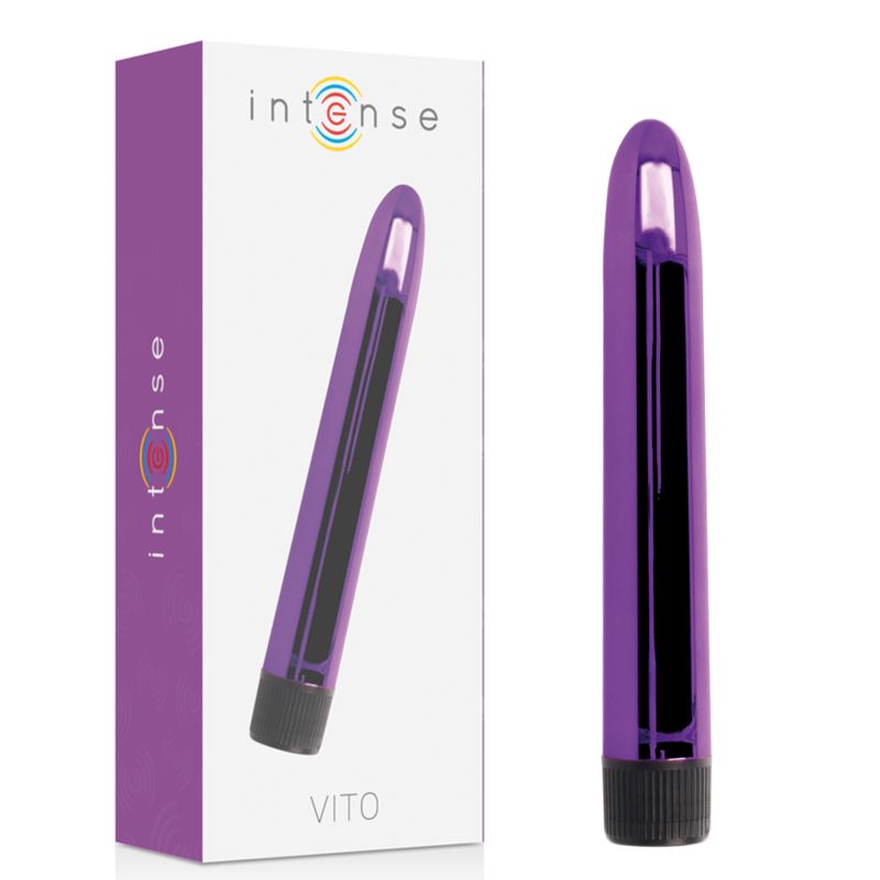 Vibrator und Verpackung. Verpackung mit 'Intense' und 'VITO'. Lila Vibrator mit schwarzem Ende.