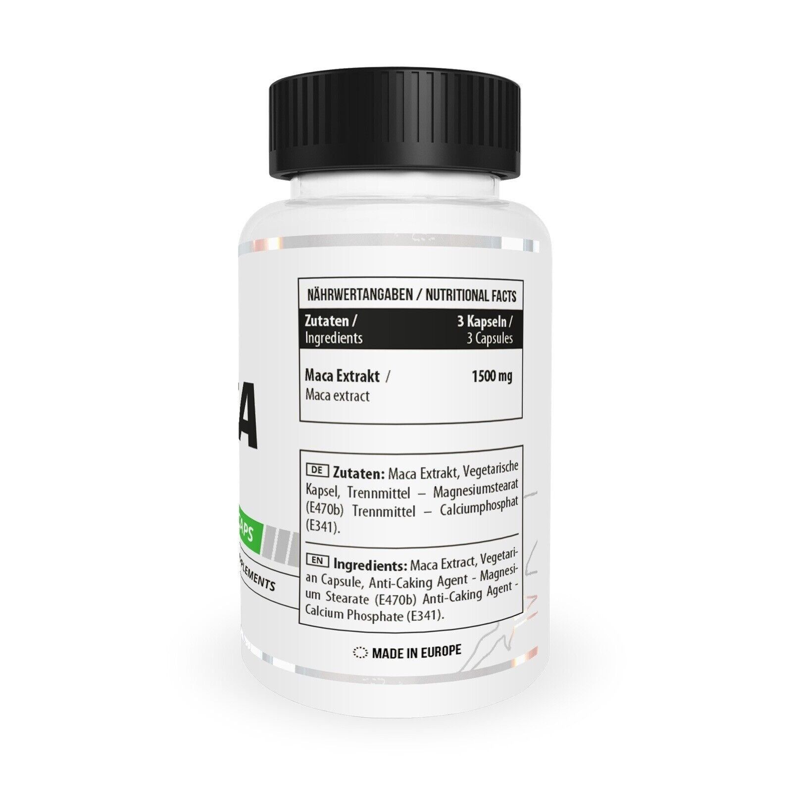 Rückseite einer Flasche MST Healthy Maca mit Nährwertangaben und Zutaten.