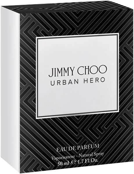 Schwarzer Karton mit weißem Textfeld. Text: Jimmy Choo Urban Hero, Eau de Parfum, 50 ml.