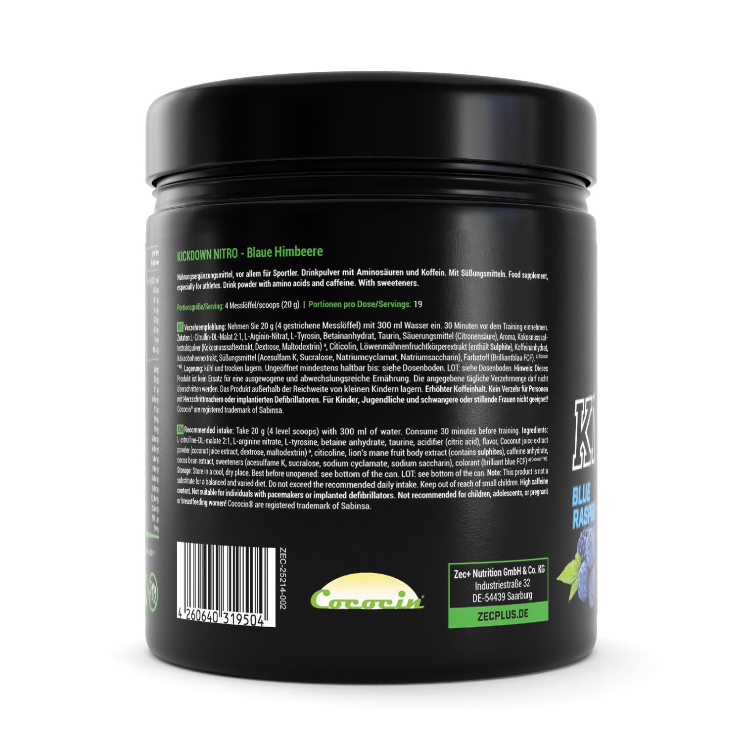 Rückseite des schwarzen Behälters. Enthält Produktinformationen und Gebrauchsanweisung. Blaubeeren-Illustration.