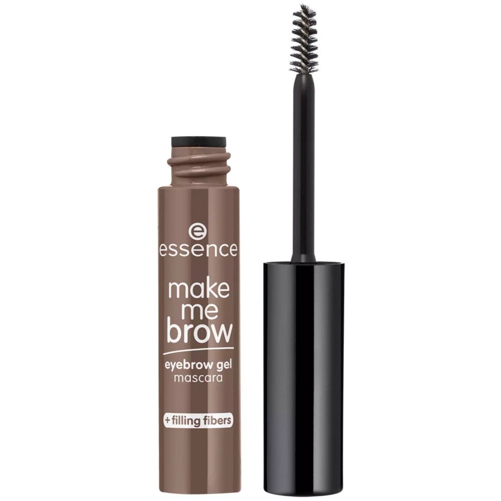 Augenbrauengel-Mascara mit Bürste. Braune Tube mit schwarzem Deckel. Aufschrift: make me brow, eyebrow gel mascara, + filling fibers.