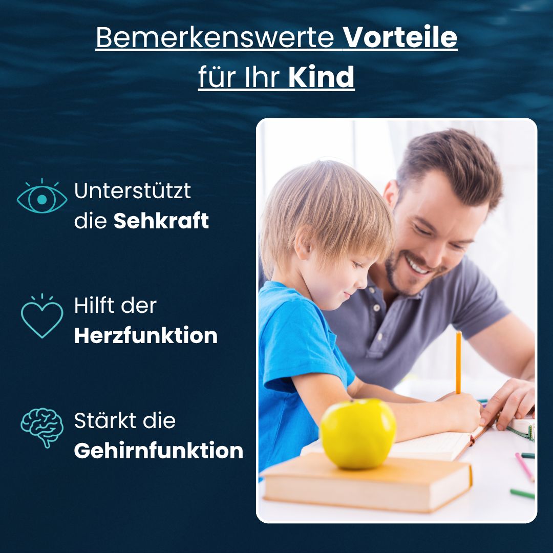 Ein Mann und ein Kind sitzen am Tisch und zeichnen. Text: Unterstützt die Sehkraft, Hilft der Herzfunktion, Stärkt die Gehirnfunktion.