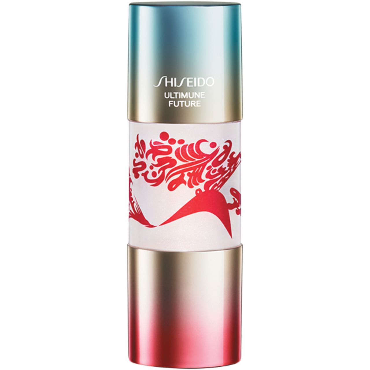 Zylindrische Flasche mit rotem Muster. Goldene Basis, blau-silberner Deckel. Schriftzug: SHISEIDO ULTIMUNE FUTURE.