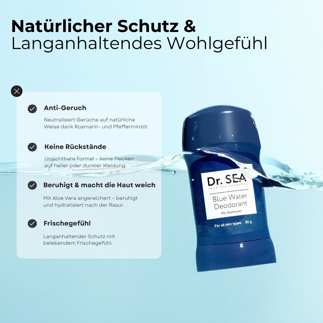Deostift im Wasser. Text: Natürlicher Schutz & langanhaltendes Wohlgefühl. Anti-Geruch, keine Rückstände, beruhigt, Frischegefühl.