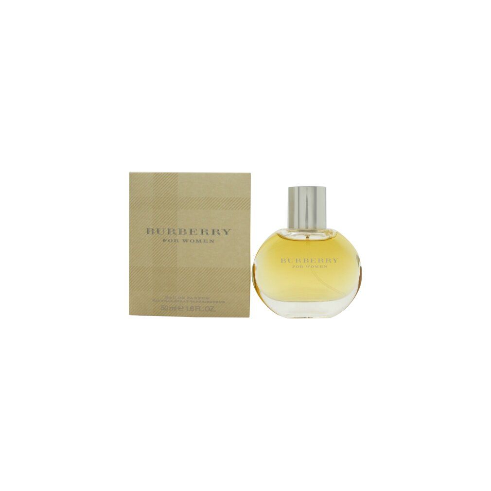 Burberry for Woman Eau de Parfum Spray. Runde Flasche mit silbernem Deckel und goldfarbener Flüssigkeit. Rechteckige Verpackung.