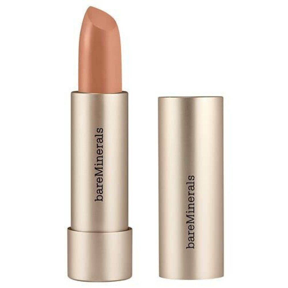 Lippenstift mit geöffneter Kappe. Goldfarbene Hülse mit Schriftzug "bareMinerals". Der Lippenstift hat eine helle, rosafarbene Nuance.