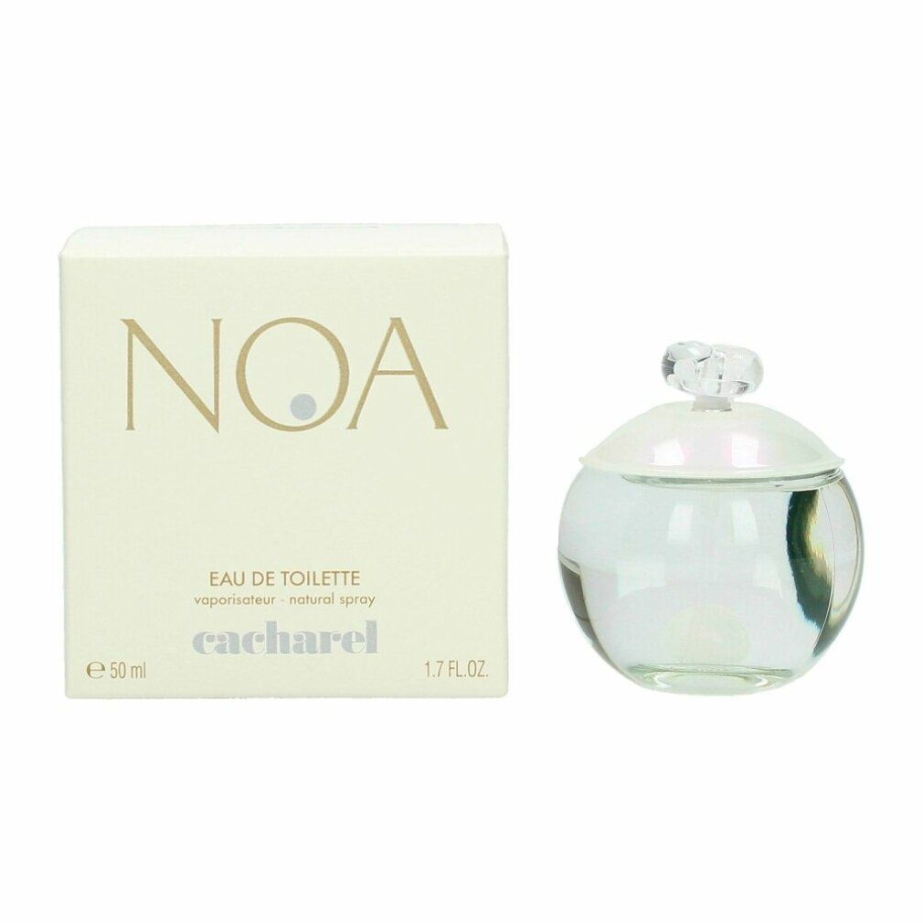 Weiße Schachtel und runde Glasflasche. Auf der Schachtel steht "NOA", "EAU DE TOILETTE" und "cacharel". Flasche mit schimmerndem Inhalt.