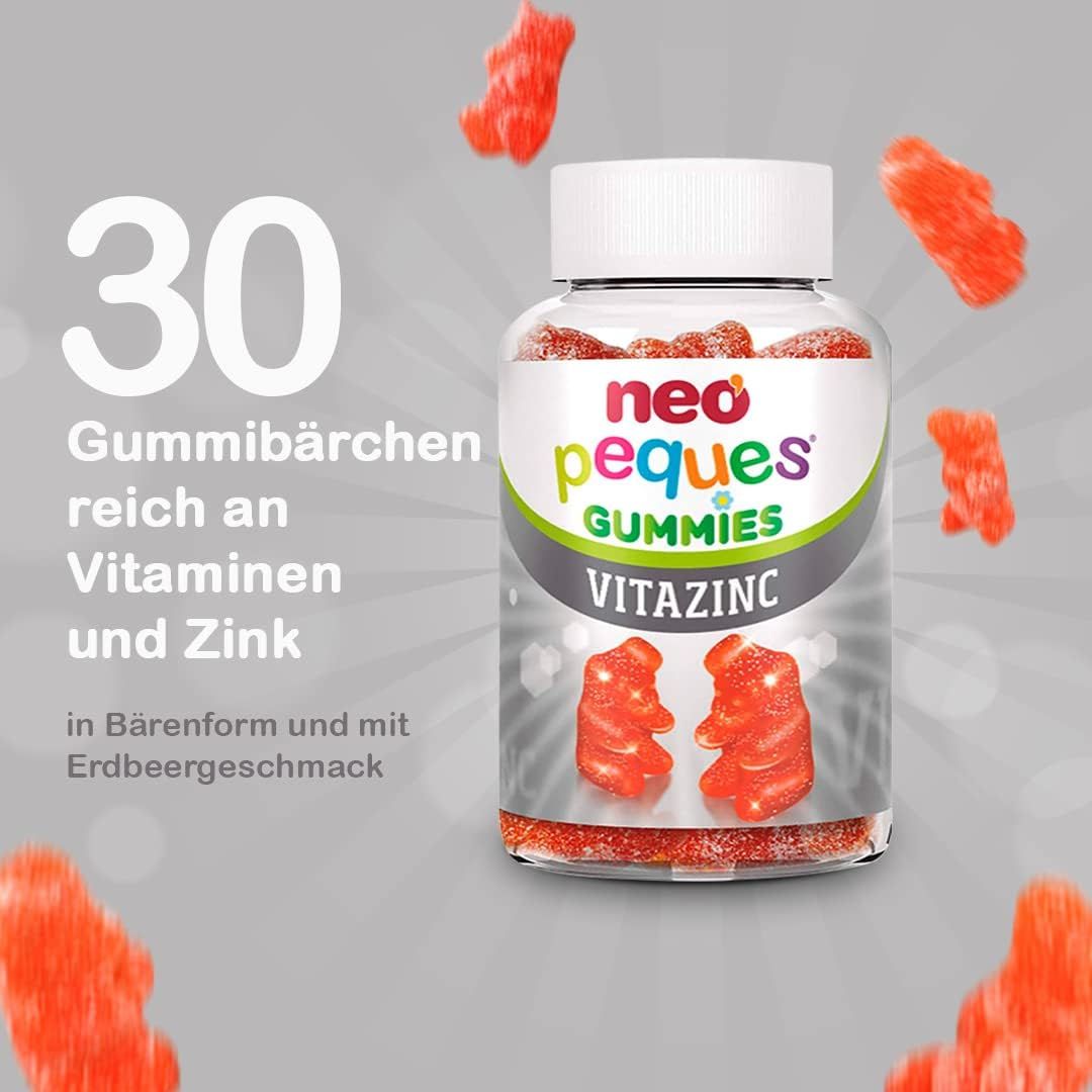 Klare Flasche mit Neo Peques Gummies Vitazinc. 30 Gummibärchen, reich an Vitaminen und Zink. Erdbeergeschmack. Gummibärchen fliegen um die Flasche.