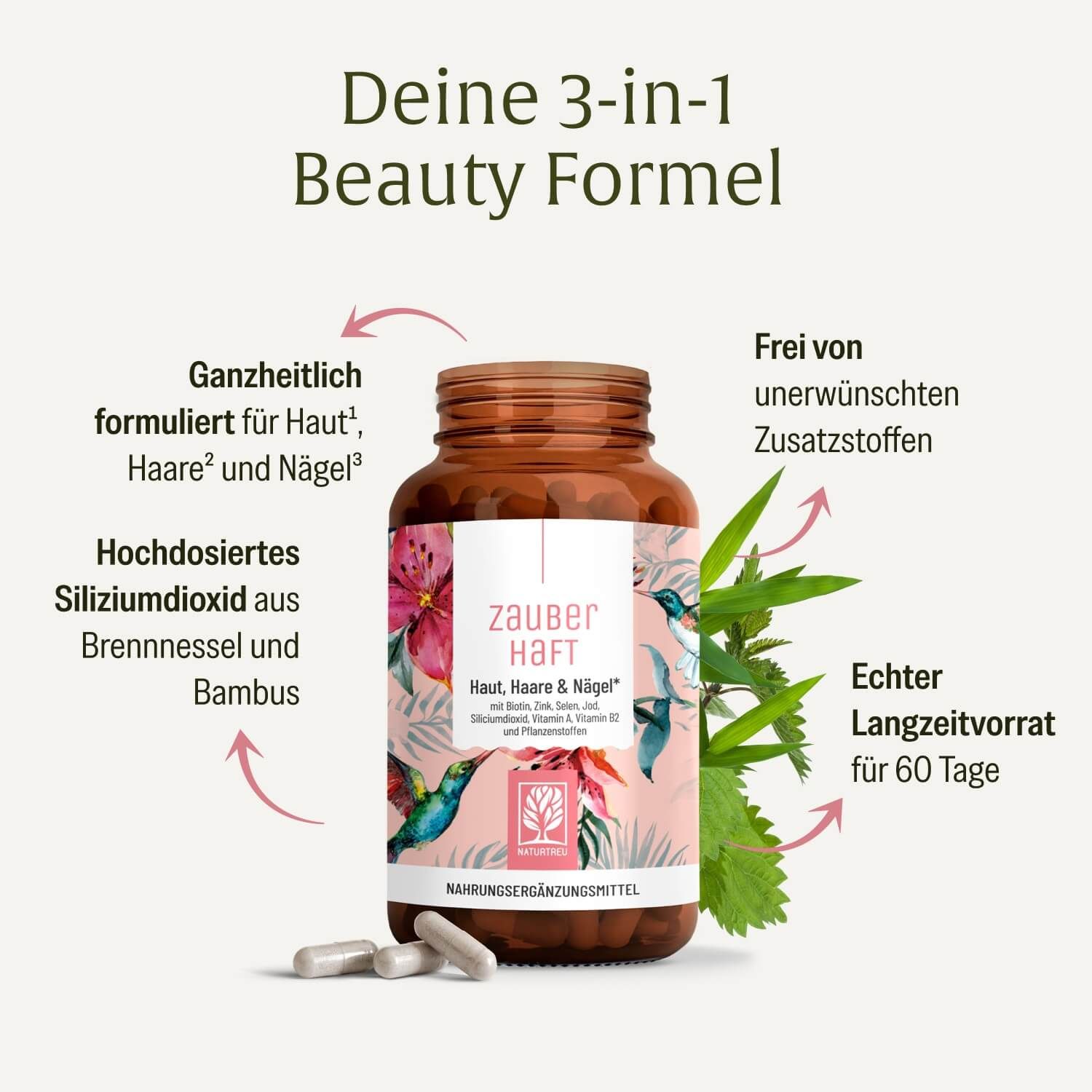 Naturtreu Zauber Haft: 3-in-1 Beauty Formel für Haut, Haare, Nägel. Frei von Zusatzstoffen.