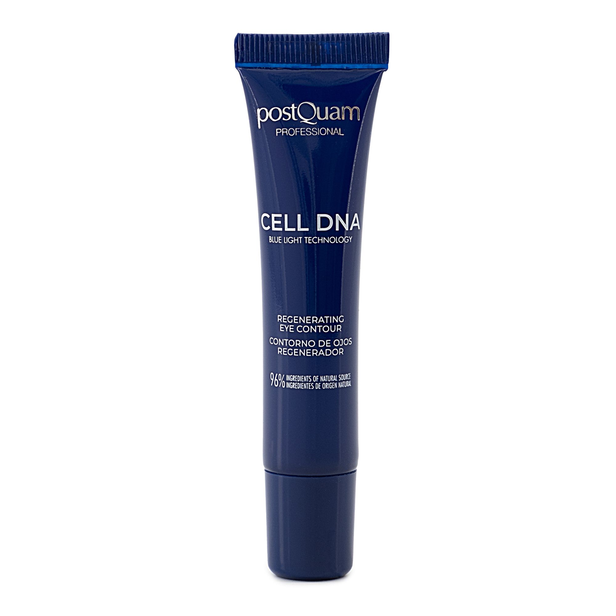 Dunkelblaue Tube. Aufschrift: Postquam Professional, CELL DNA, Regenerating Eye Contour. 96% Inhaltsstoffe natürlichen Ursprungs.