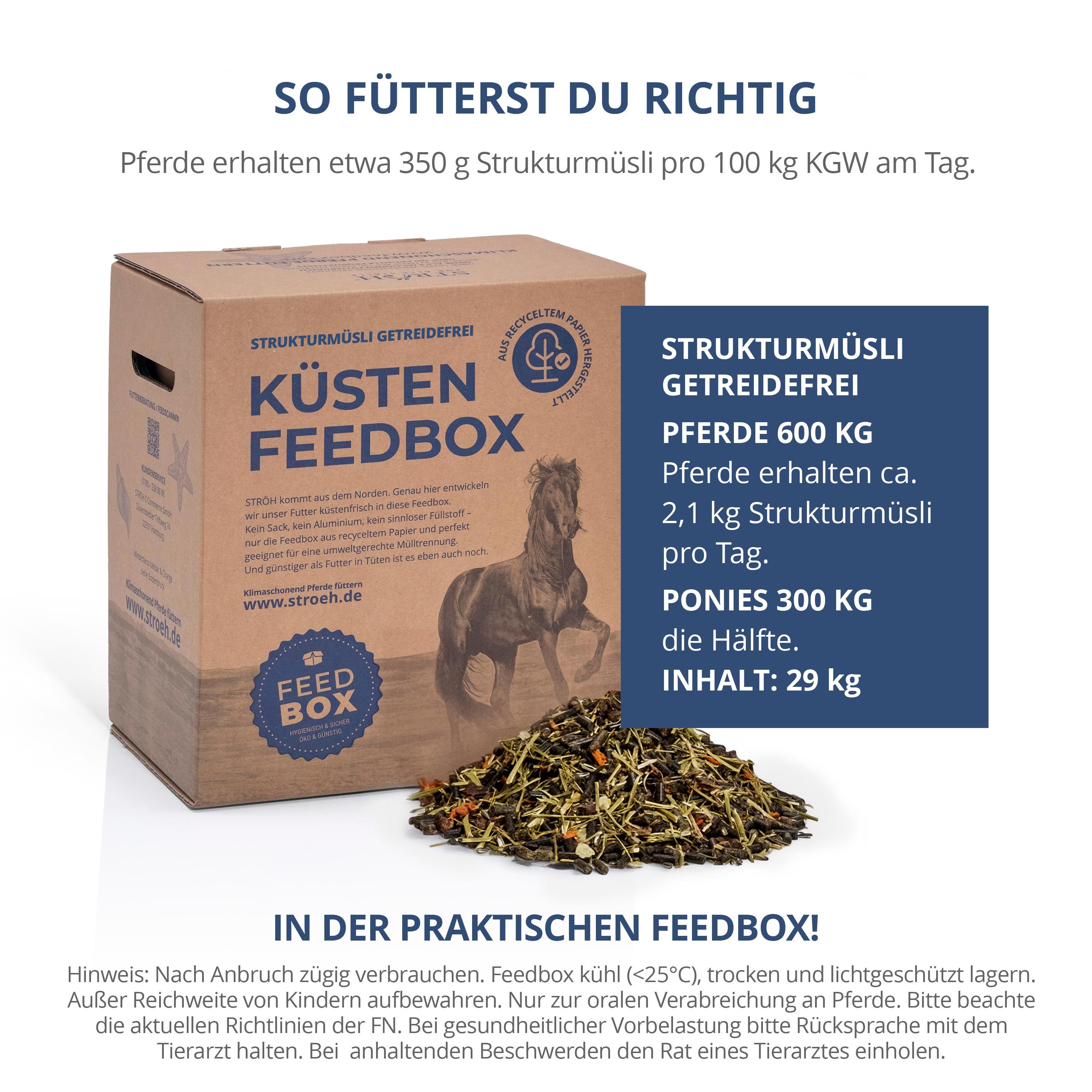 Karton "KÜSTEN FEEDBOX" mit Strukturmüsli. Text: So fütterst du richtig. Dosierungsempfehlung. Inhalt: 29 kg.