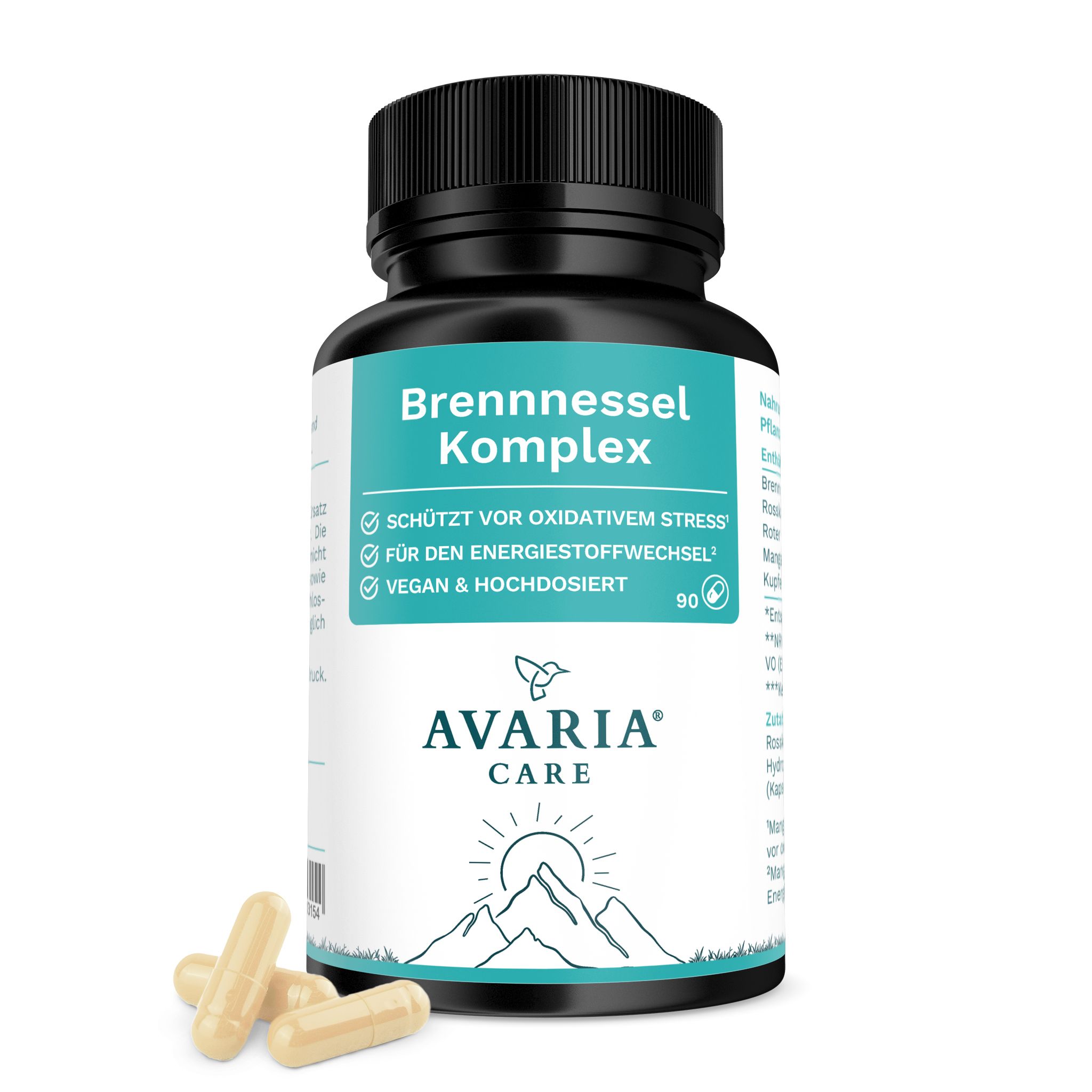 AVARIA CARE® Brennnessel Komplex Flasche mit Kapseln. Aufschrift: Brennnessel Komplex, vegan & hochdosiert. 90 Kapseln.