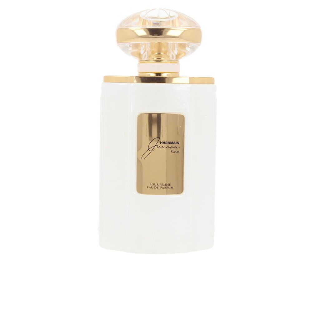Weiße Parfumflasche mit goldener Kappe. Aufschrift: Al Haramain Junoon Rose.