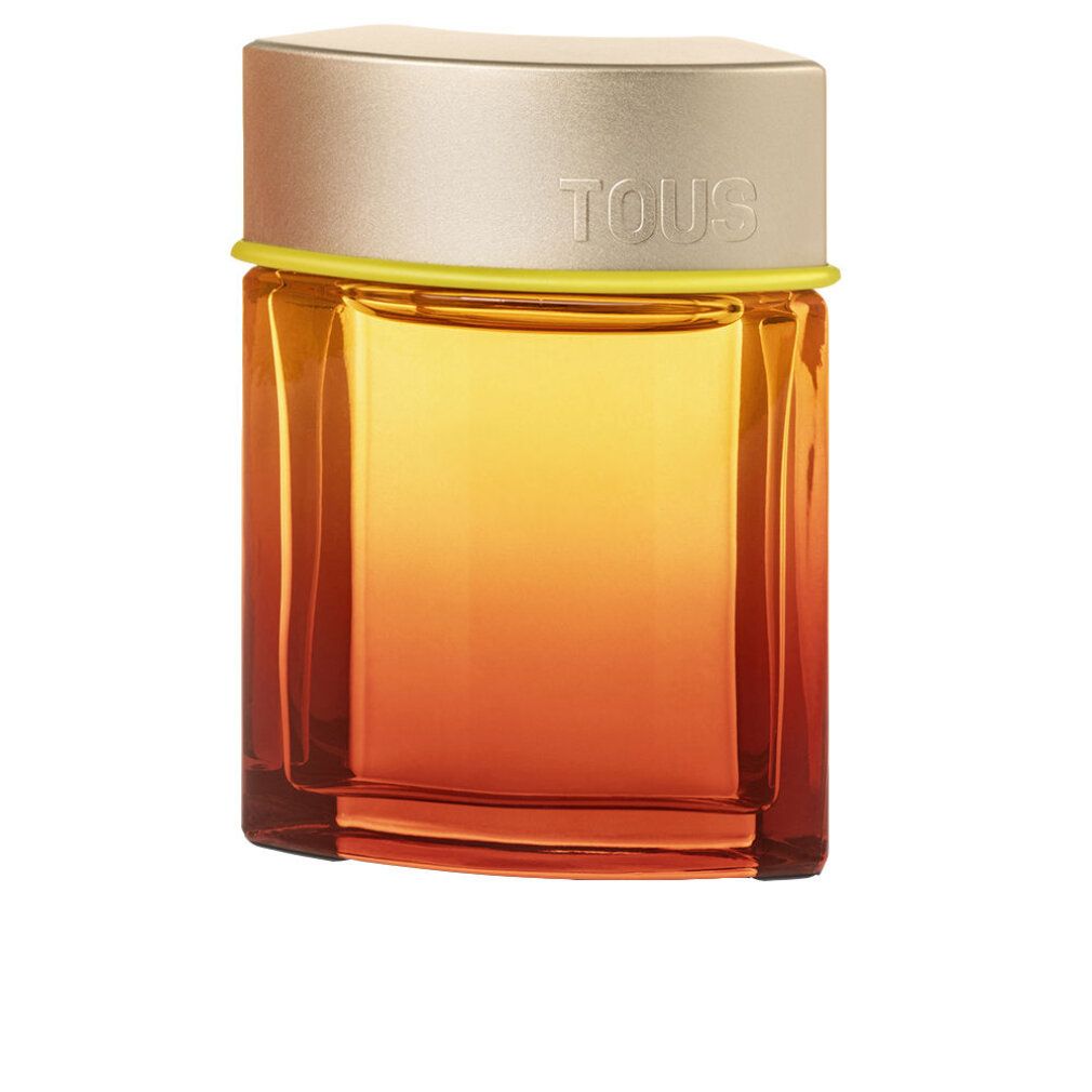Tous Spritz EDT Herrenparfum Flakon mit goldenem Verschluss und gelbem Ring. Glasflasche mit Farbverlauf von Orange zu Gelb.
