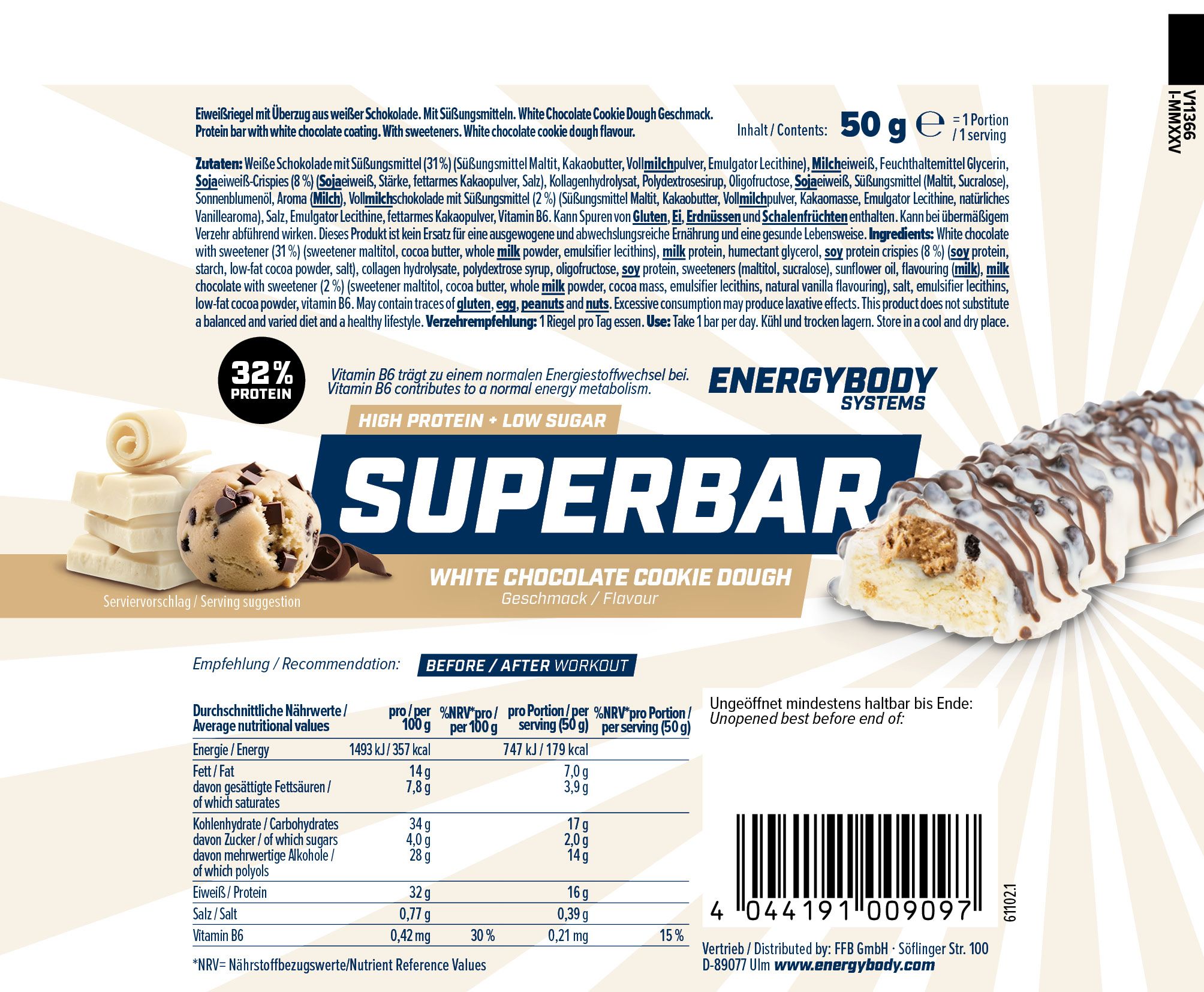 Rückseite der Superbar-Verpackung. Text: 32% Protein, High Protein - Low Sugar, Energybody Systems, White Chocolate Cookie Dough.