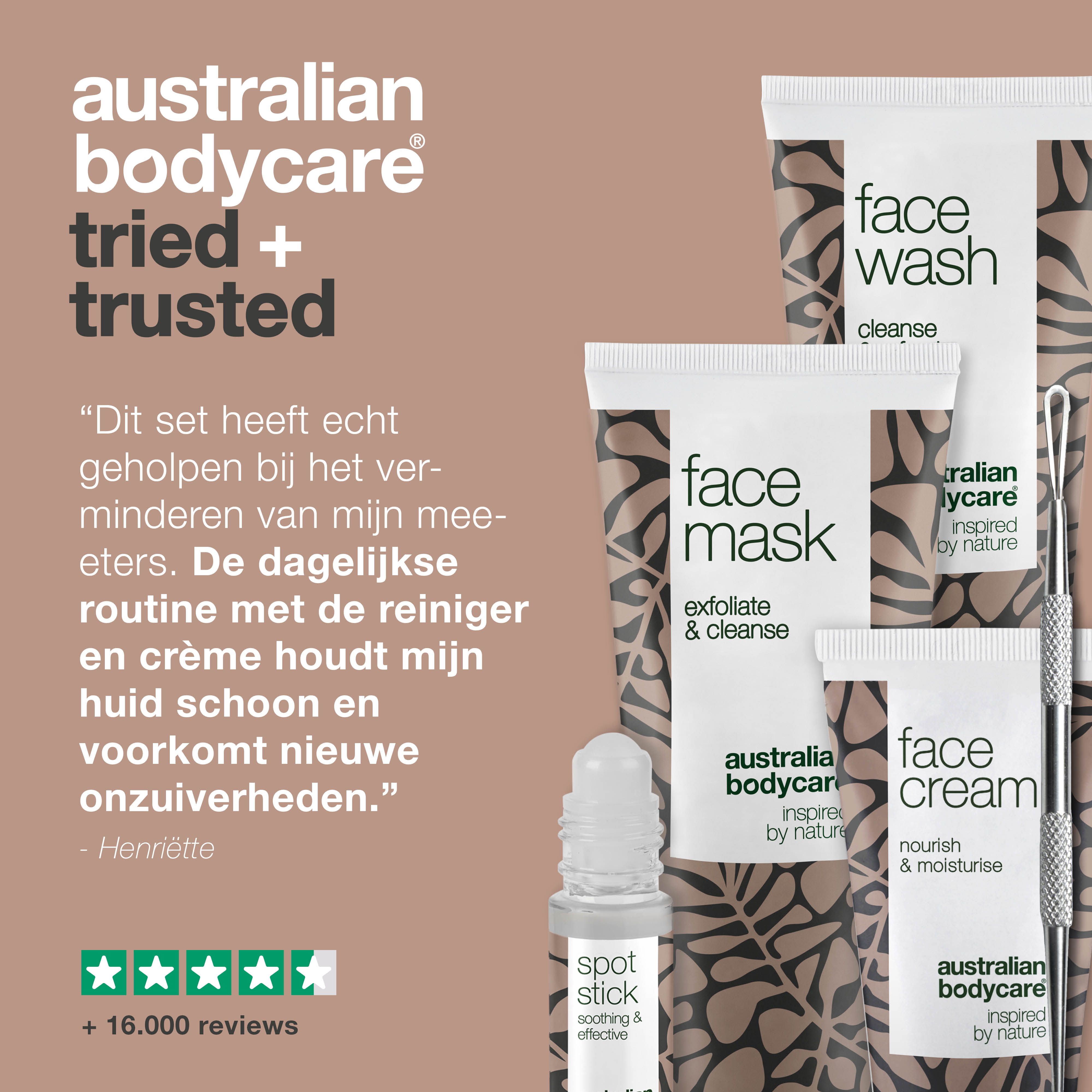 Tekst en producten: reiniger, masker, crème, stick en tool. Merk: Australian Bodycare.