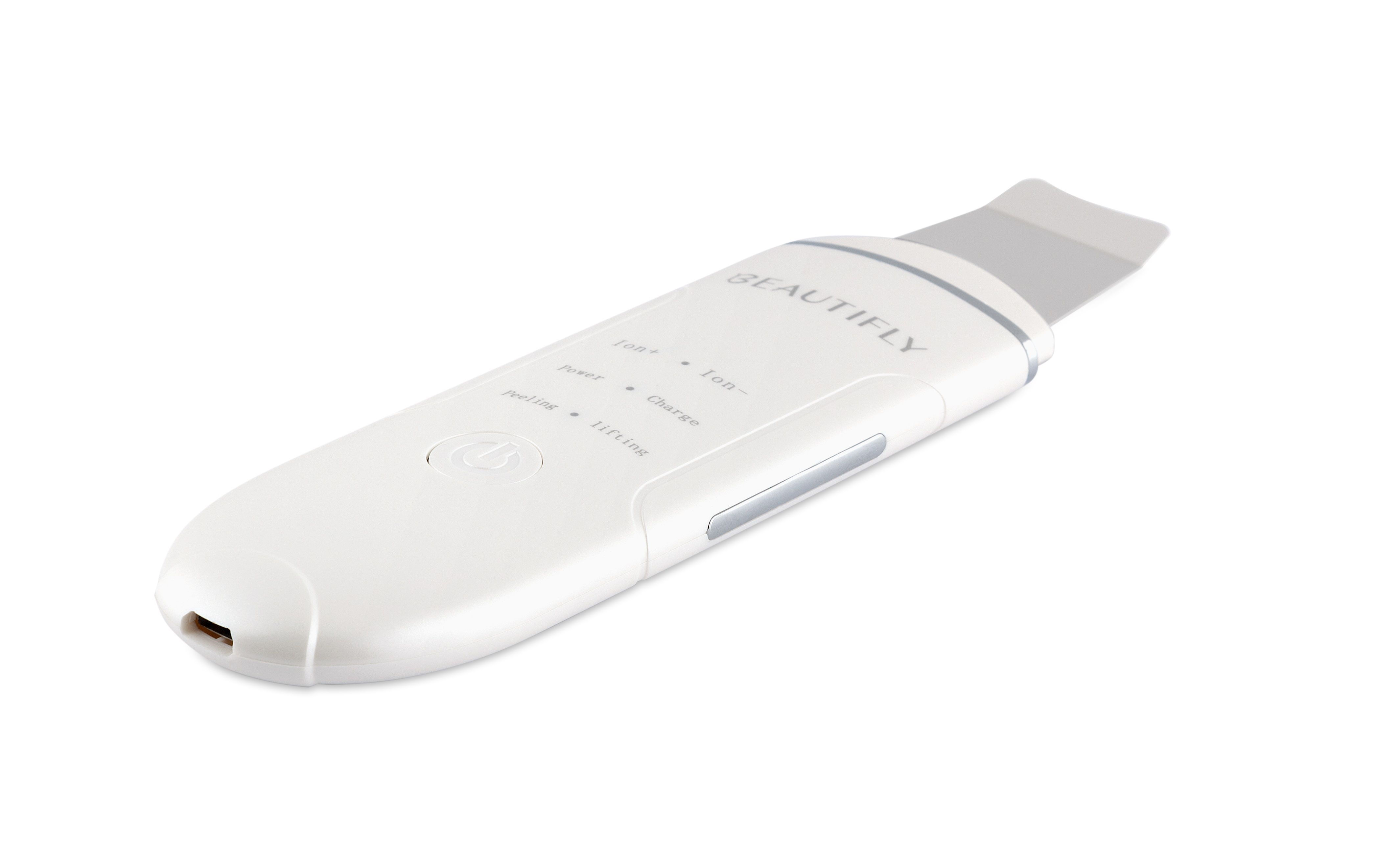 Weißes BEAUTIFLY B-Scrub Young Ultraschallpeelinggerät. Mit Touch-, Ion-, Power-, Charge-, Peeling- und Lifting-Funktionen. Mit Ein-/Ausschalter.