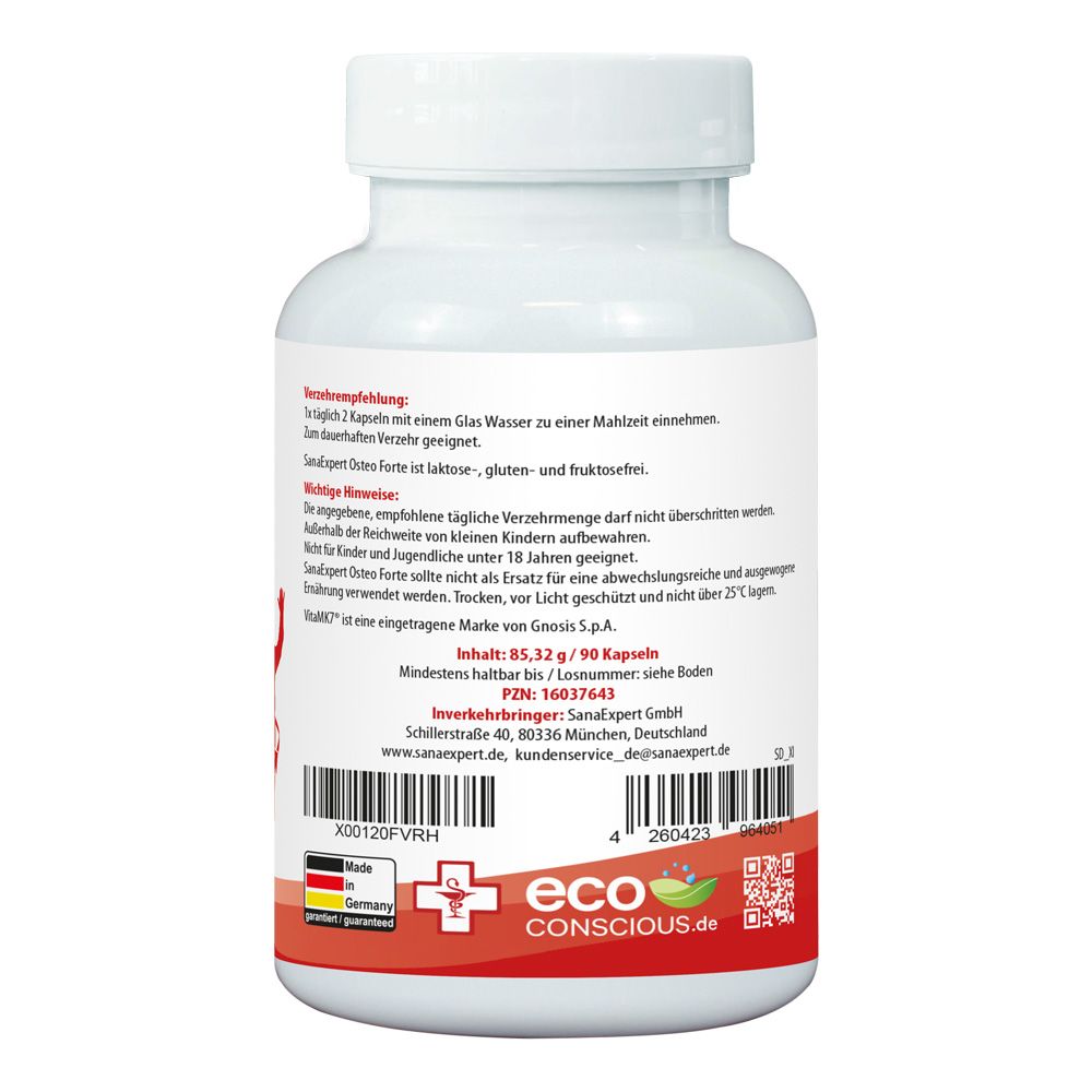 Rückseite der weißen Flasche SanaExpert Osteo Forte. Text: Anwendung, Hinweise. Logo: Eco Conscious. QR-Code und Barcode.