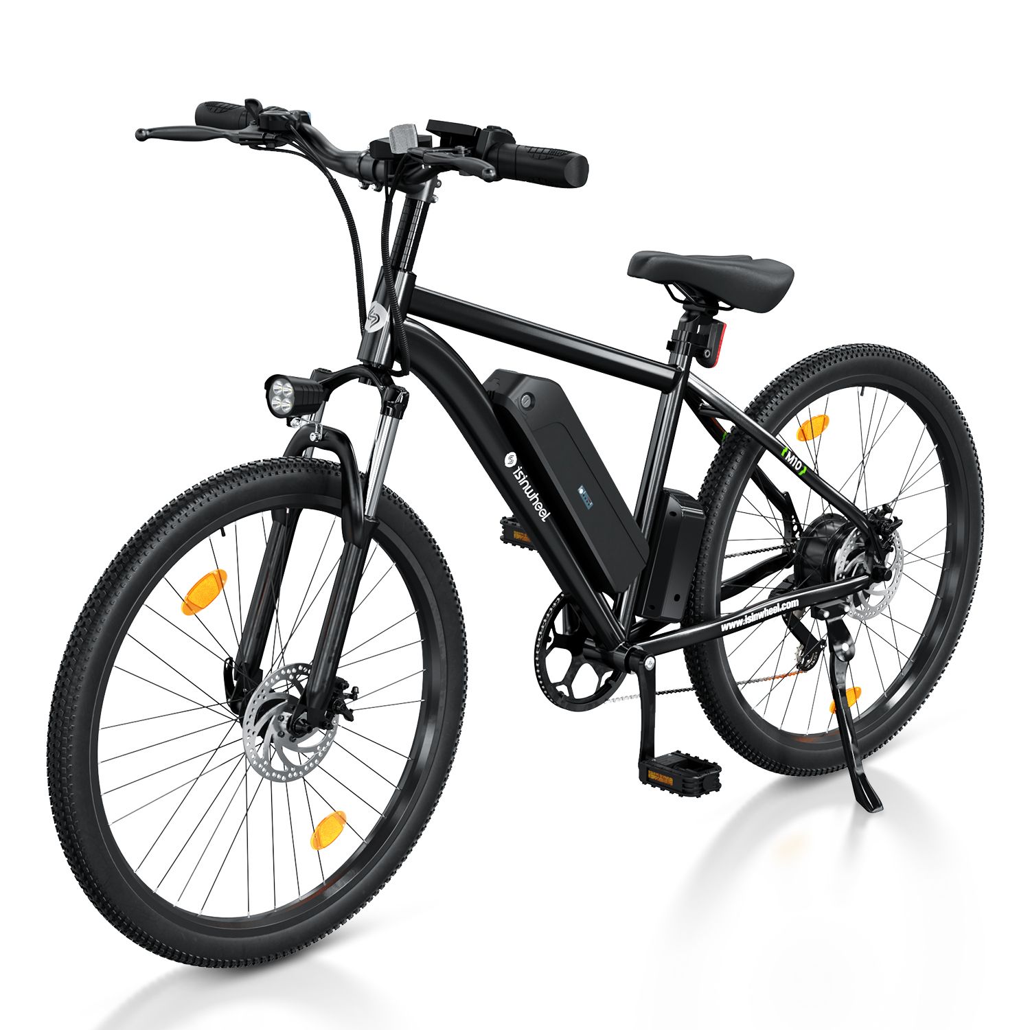 Schwarzes E-Bike mit Scheinwerfer, Rücklicht und Akku. Das Fahrrad hat schwarze Reifen und einen schwarzen Rahmen. Das Logo ist sichtbar.