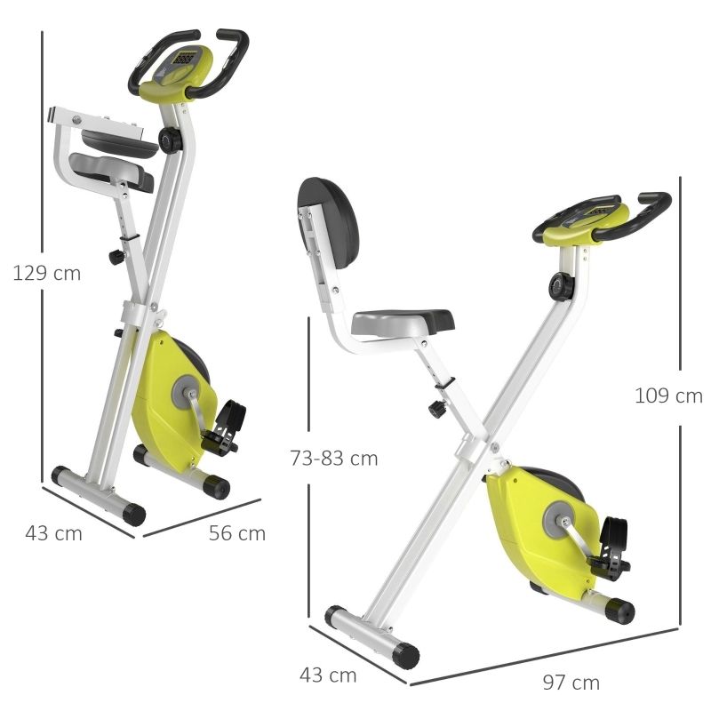 Faltbares Fitness-Bike. Abmessungen: 129x43x56 cm und 109x43x97 cm. Weiß, gelb und schwarz. Sitz, Rückenlehne und Lenker.