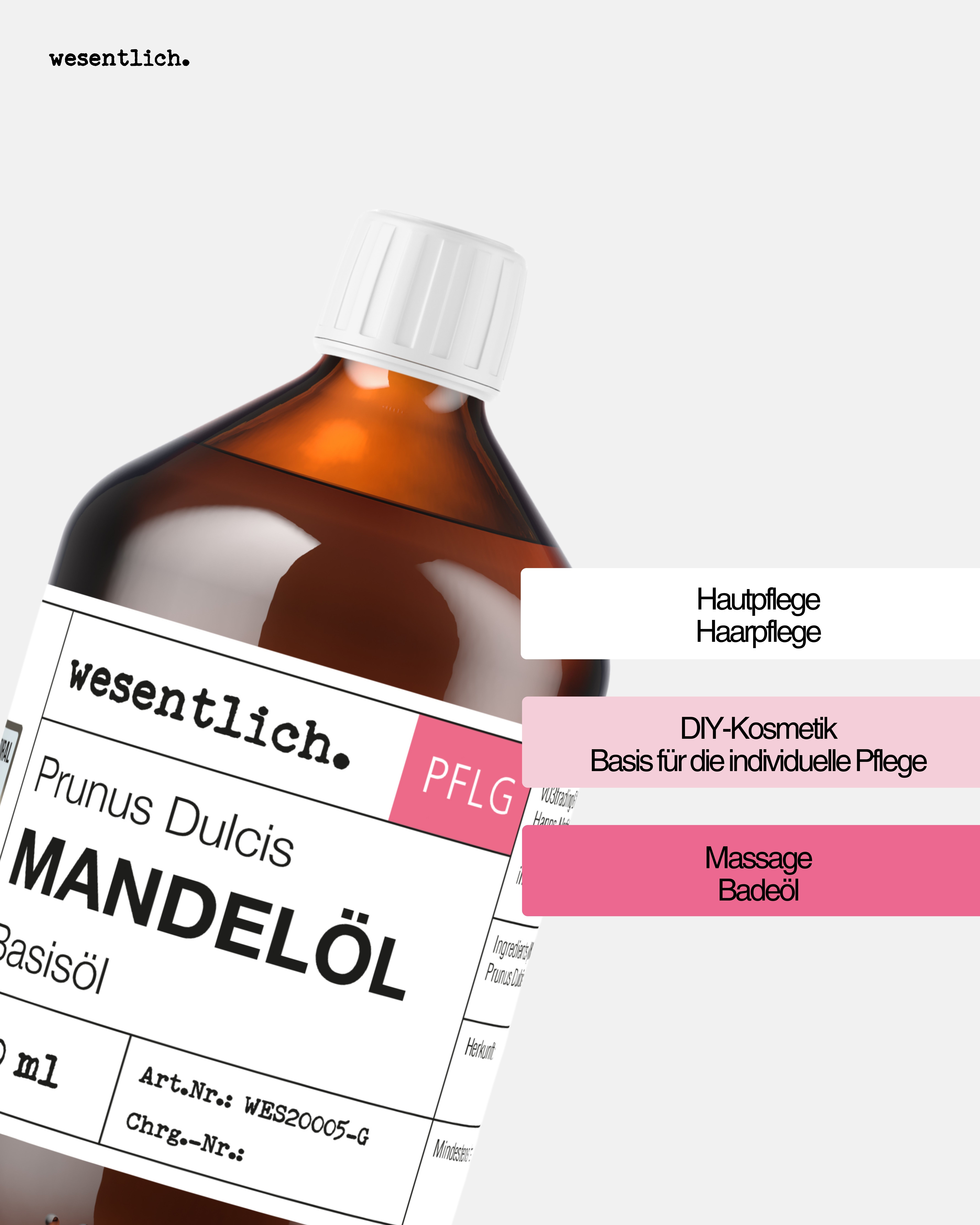 Flasche Mandelöl Basisöl, daneben Textfelder für Hautpflege, Haarpflege, DIY-Kosmetik, Massageöl.