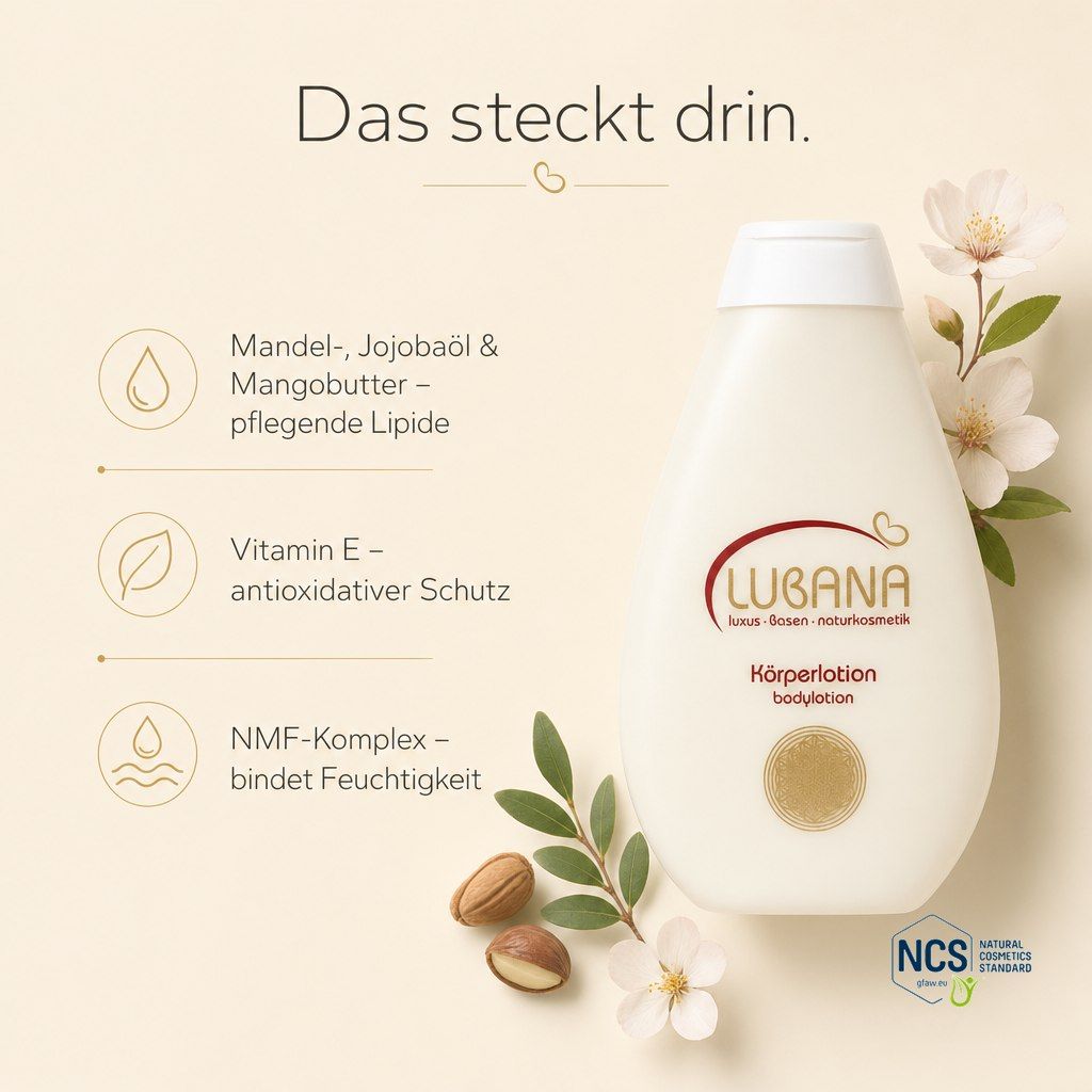 Lubana Körperlotion Flasche mit Symbolen für Inhaltsstoffe wie Mandelöl.
