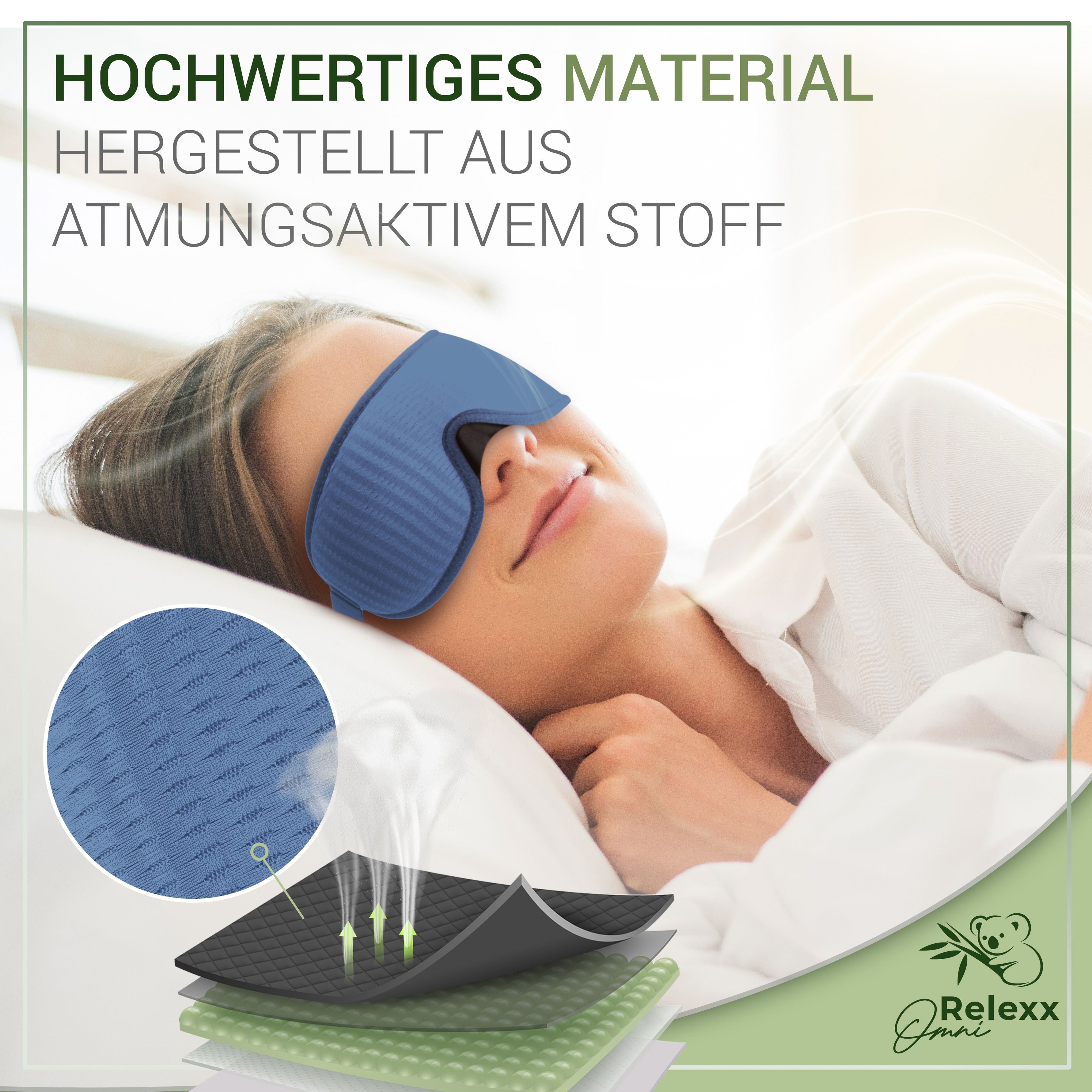 Blaue Schlafmaske auf schlafender Frau. Text: Hochwertiges Material, atmungsaktiver Stoff. Marke: Relexx Omni.
