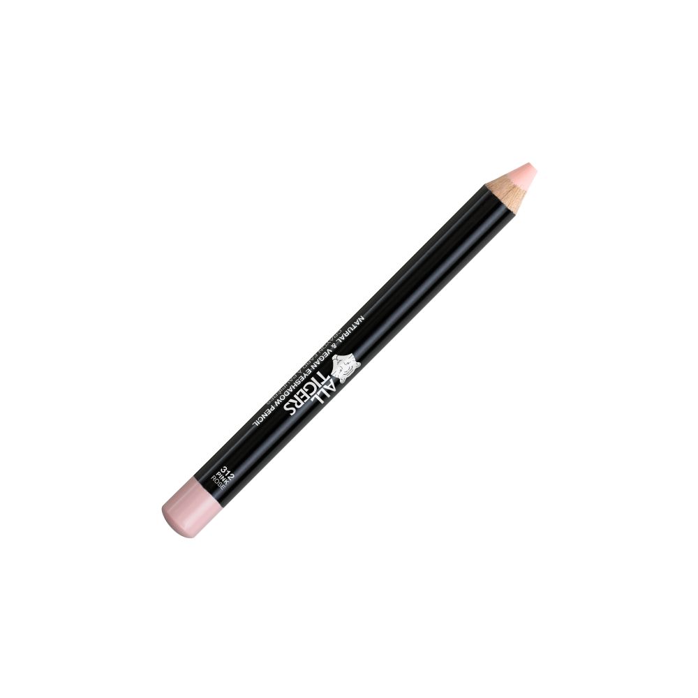 Augen-Make-up-Stift. Schwarzer Stift mit rosafarbener Spitze. Aufschrift: ALL TIGERS. Natürlicher & veganer Augenstift.