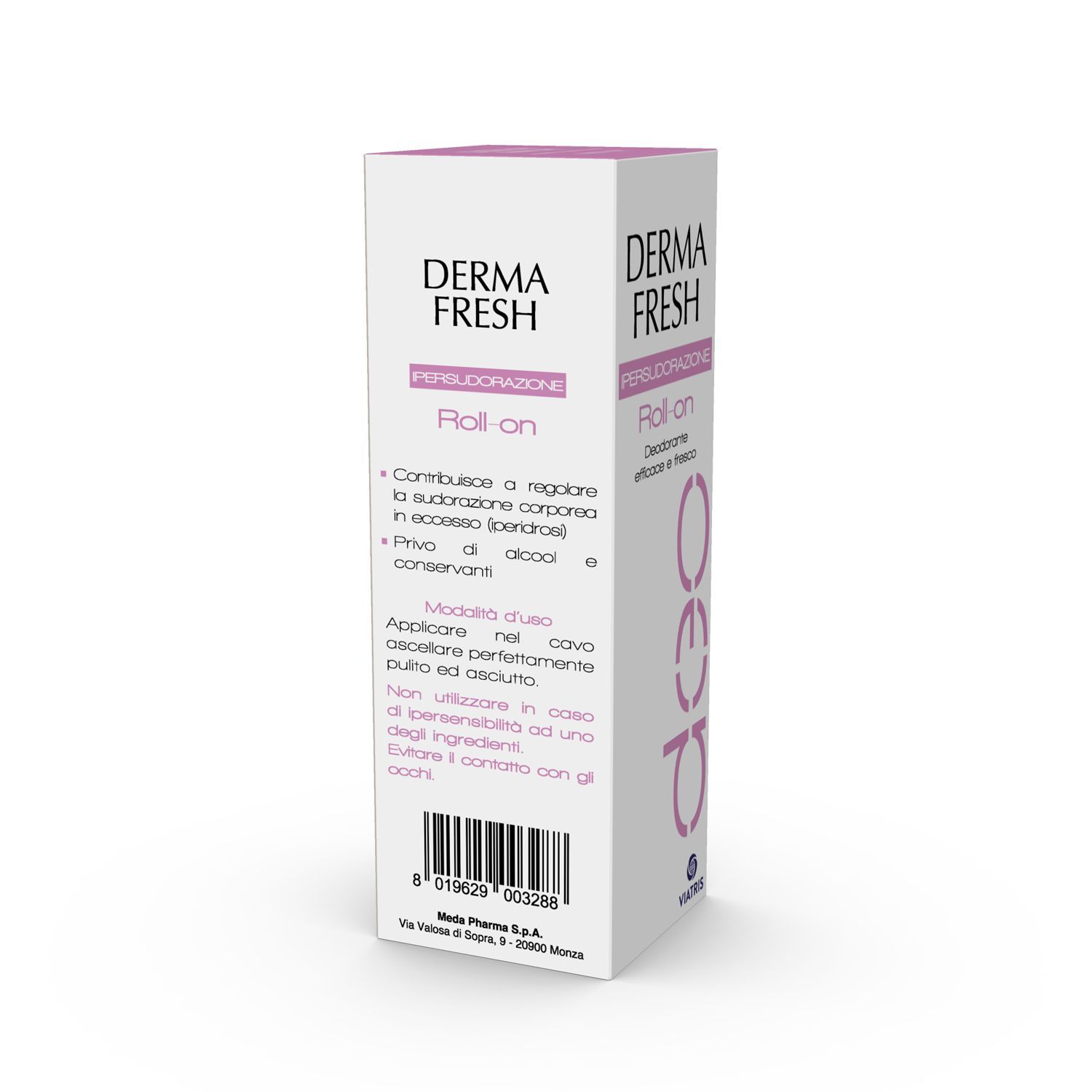 Verpackung von DERMA FRESH Roll-on. Weiß mit rosa Akzenten. Text: Roll-on, Deo, Persudazione. Gebrauchsanweisung.