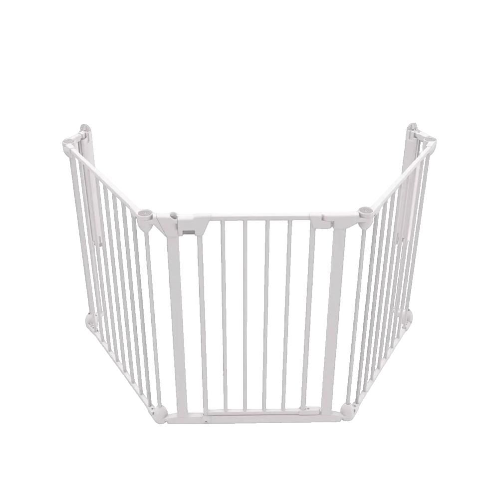 Weißes, 3-teiliges Sicherheitsgitter. Eckige Form mit vertikalen Stäben. Gitterelemente verbunden.