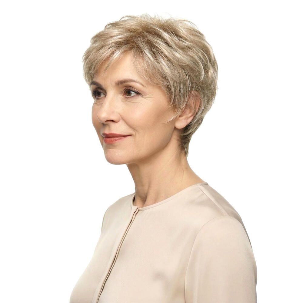 Kurzhaarperücke mit blonden Strähnen. Seitliche Ansicht einer Frau mit beigem Oberteil. Der Hintergrund ist weiß.