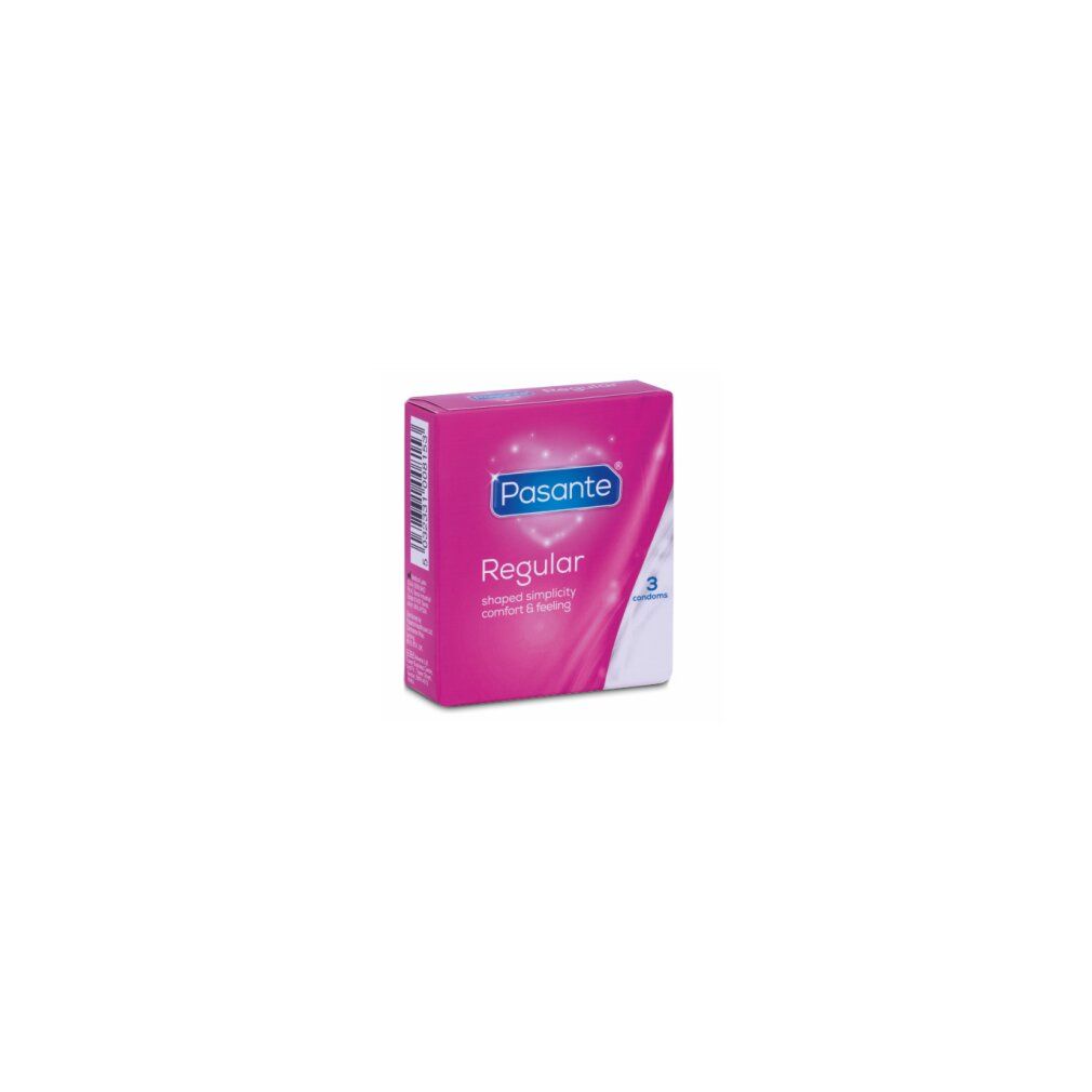 Rosa Schachtel mit Pasante Regular Kondomen. Enthält 3 Kondome. Text: shaped simplicity comfort & feeling.