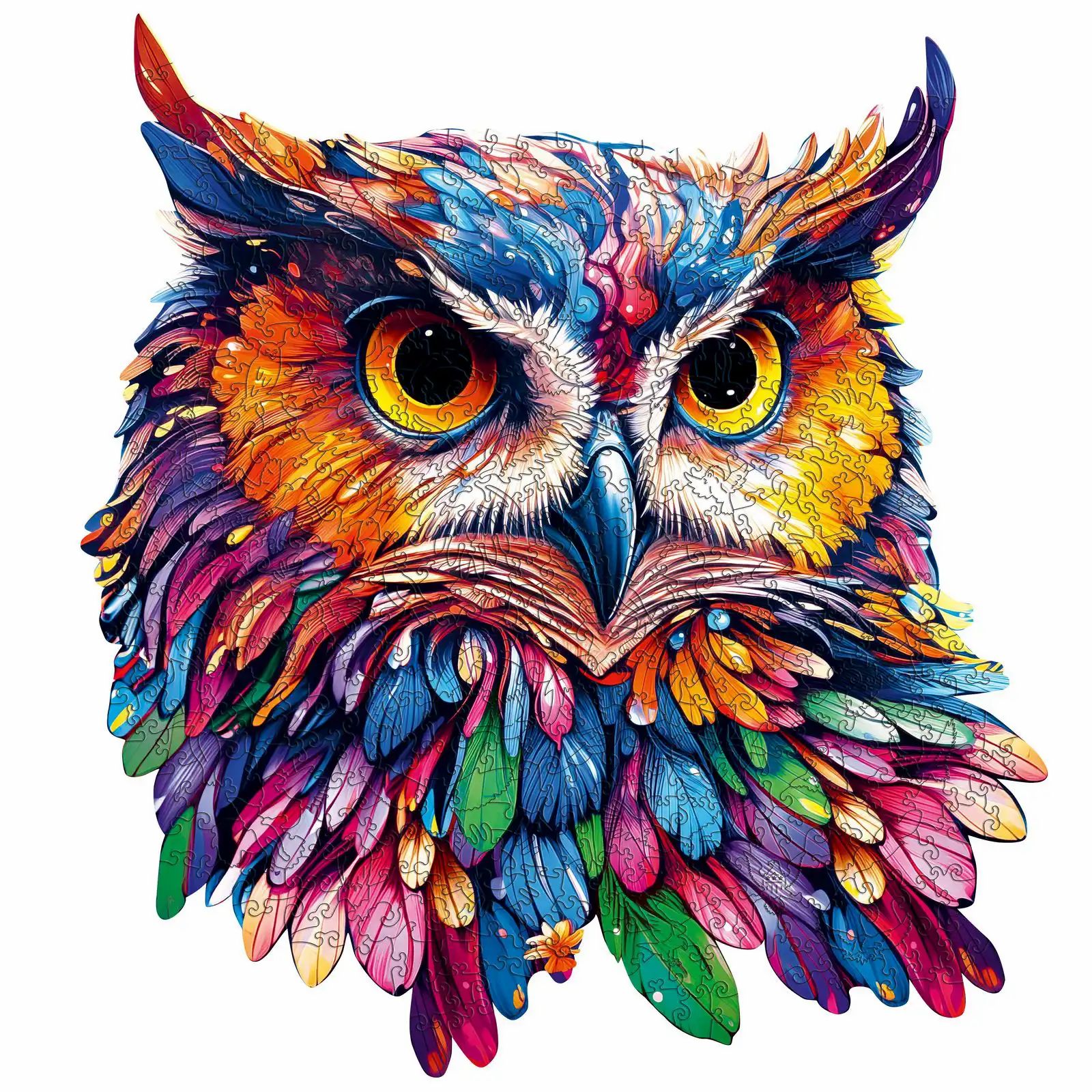 Buntes Holzpuzzle, Eule-Motiv. Detailreiche Darstellung mit Federn in verschiedenen Farben. Augen und Schnabel deutlich erkennbar.