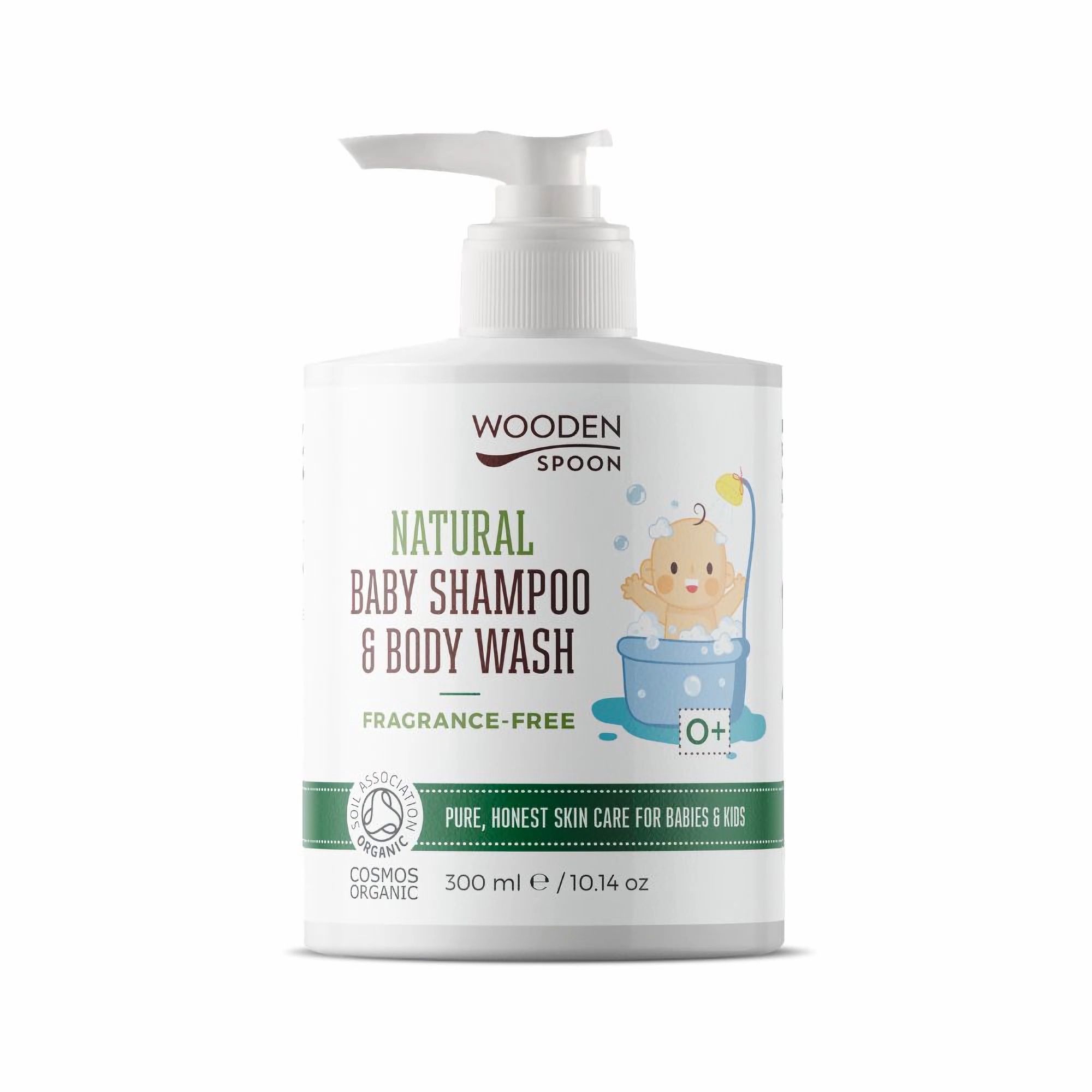 Flasche Baby Shampoo & Body Wash mit Spender. Aufschrift: Wooden Spoon, Natural Baby Shampoo & Body Wash, Cosmos Organic.
