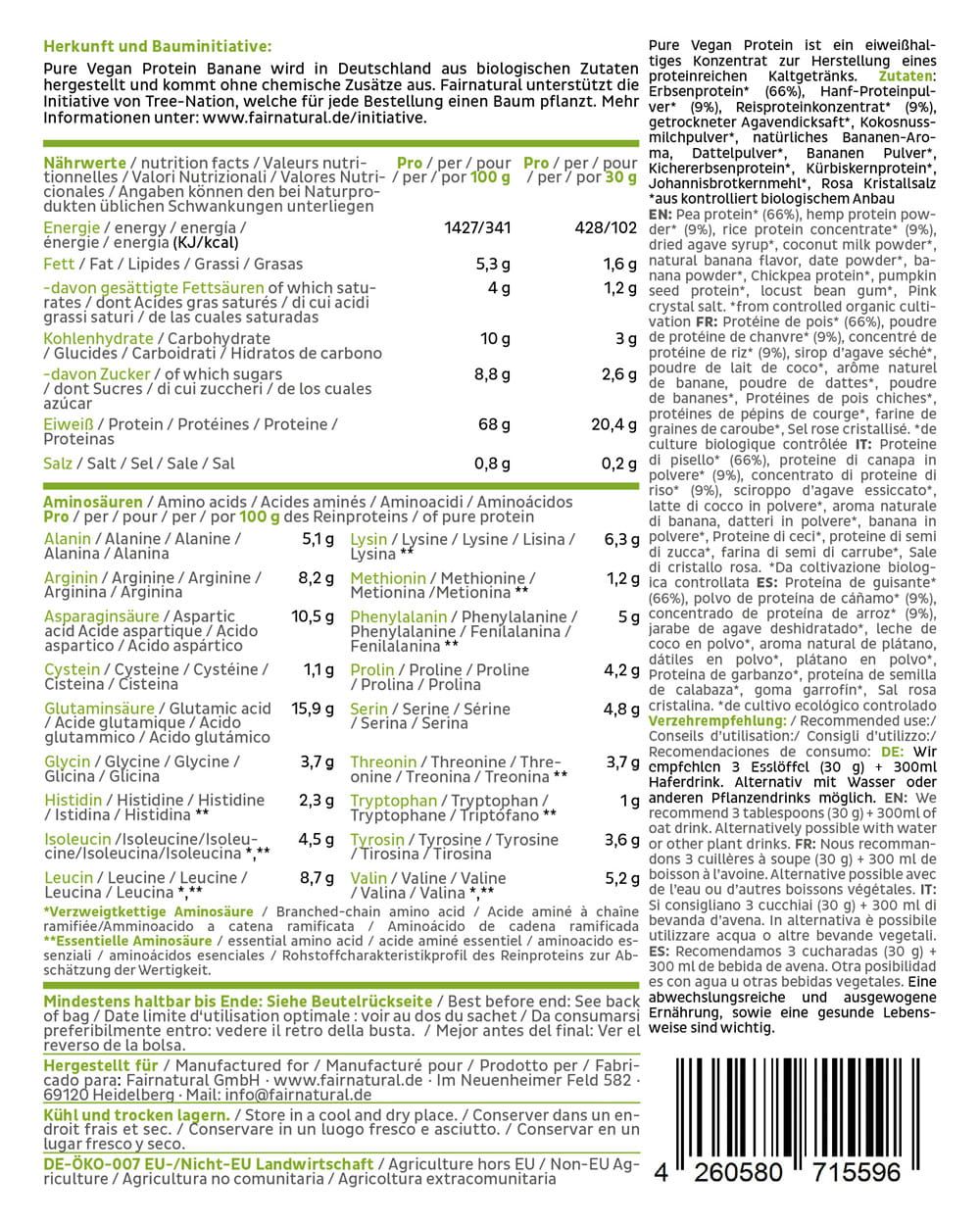Nährwertangaben und Zutatenliste für FAIRNATURAL Bio Vegan Protein Pulver Banane.