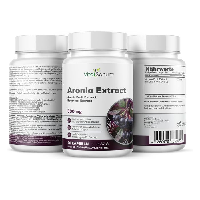 VitaSanum Aronia Extrakt Kapseln, 500 mg. Drei Behälter, einer vorne mit Etikett und Aroniabeeren.