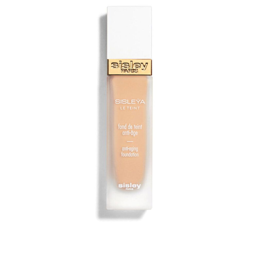 Sisley Sisleya Le Teint Foundation-Flakon. Rechteckige, transparente Flasche mit weißem Deckel und goldenem Akzent. Produktname sichtbar.