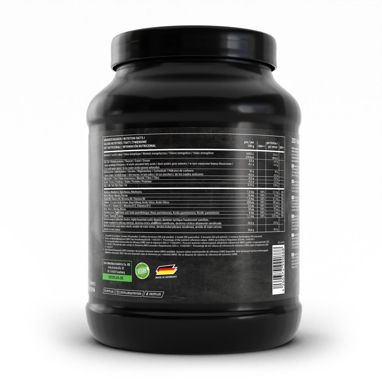 Schwarzer Behälter, Rückseite. Text mit Nährwertangaben und Inhaltsstoffen. Grün-weißes Logo und 'Made in Germany' Aufdruck.