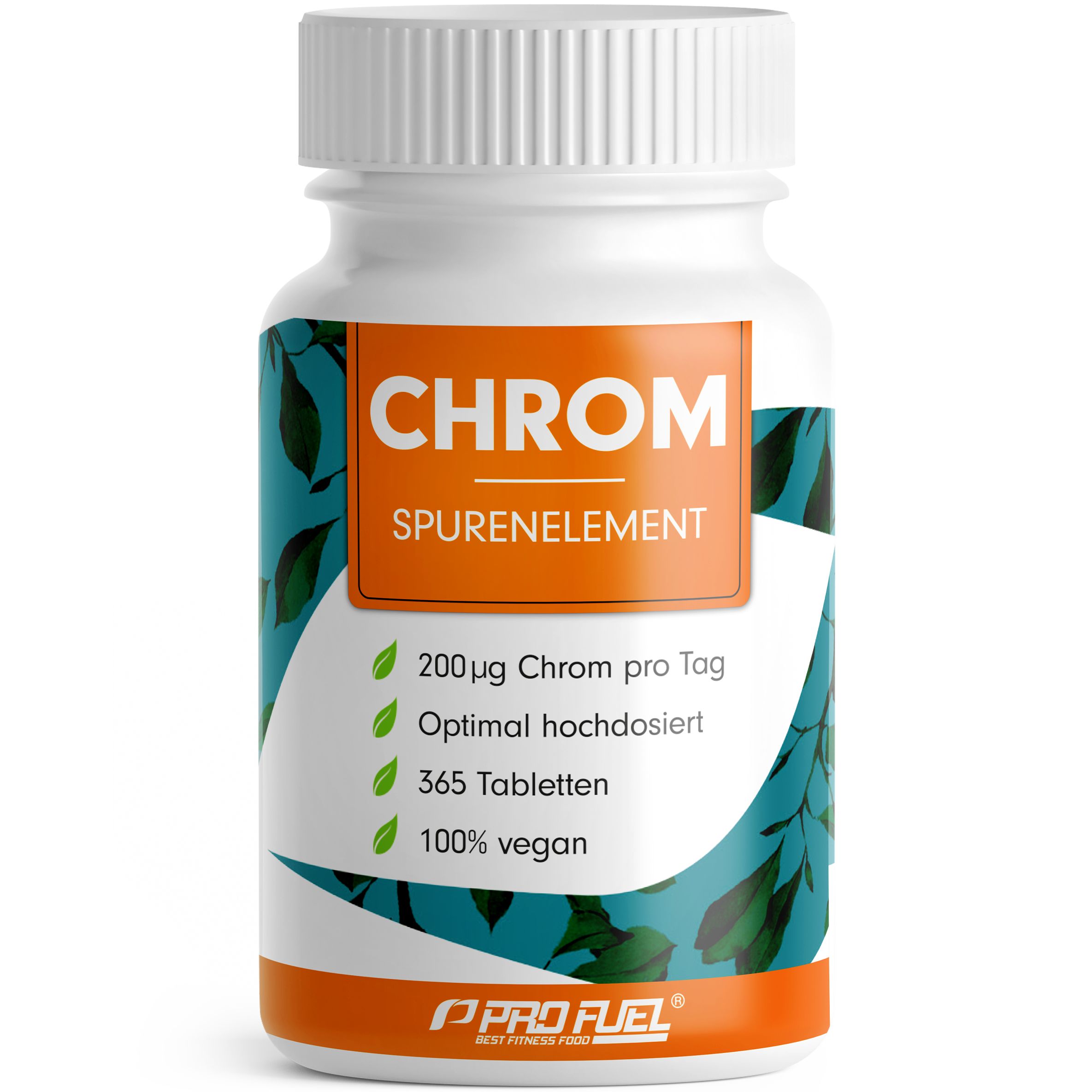 Weiße Flasche mit Chrom-Tabletten. Aufschrift: Chrom Spurenelement, 200 µg, 365 Tabletten, 100% vegan.