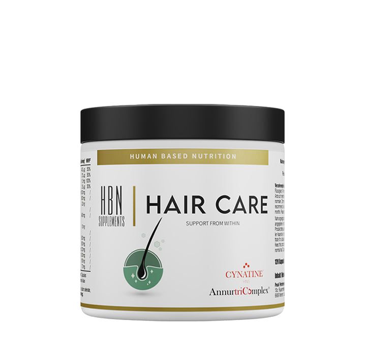 Weißes HBN Supplements Hair Care-Behälter mit schwarzem Deckel. Aufschrift: Hair Care, Support from Within. Logo mit Haarsträhne.