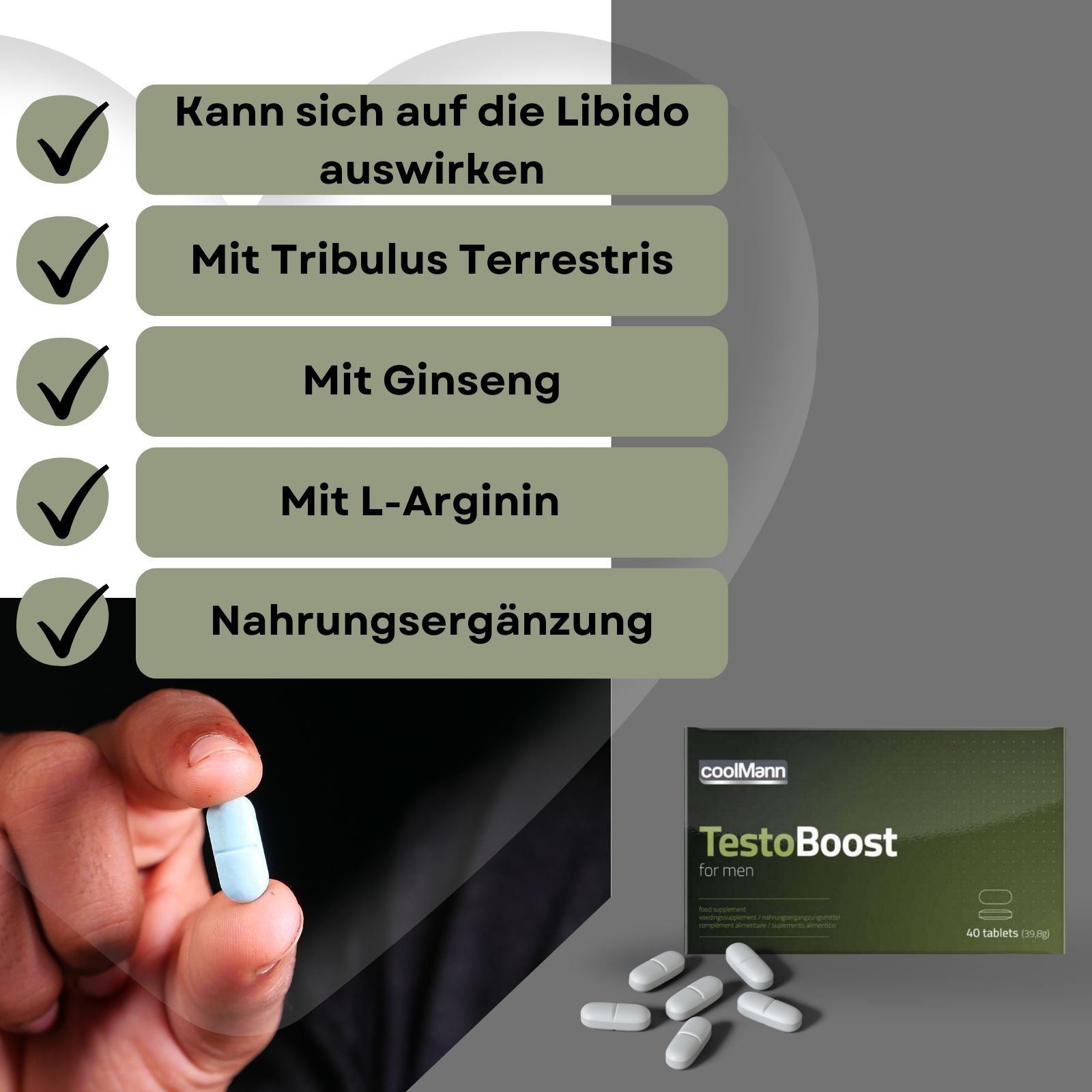 Hand hält blaue Tablette. Coolmann TestoBoost-Packung und weiße Kapseln. Mit Inhaltsstoffen.