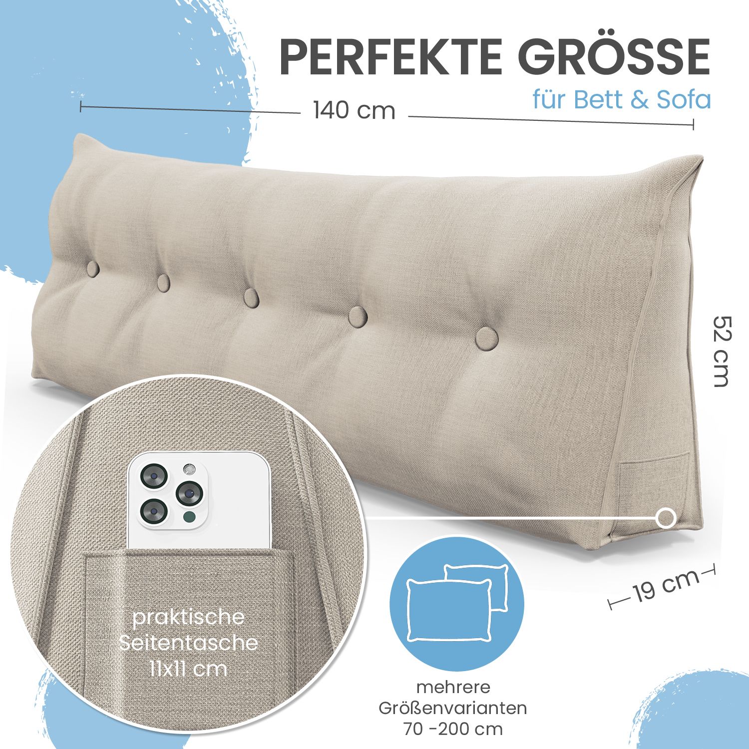 Beiges Kissen mit Knöpfen. Maße: 140x52x19 cm. Seitentasche. Text: PERFEKTE GRÖSSE. Mehrere Größen.