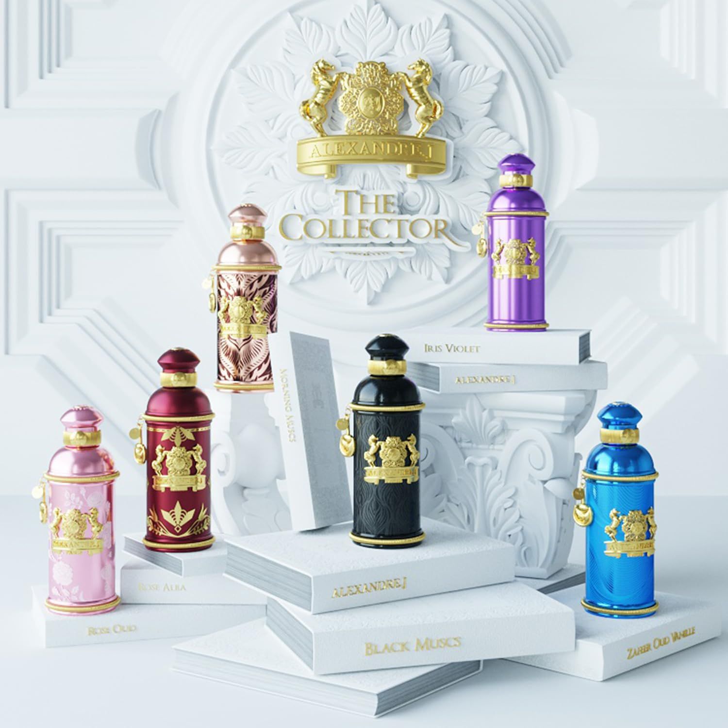 Mehrere Parfumflaschen auf Büchern. Verschiedene Farben und Designs. Aufschrift: The Collector. Dekorative Umgebung.