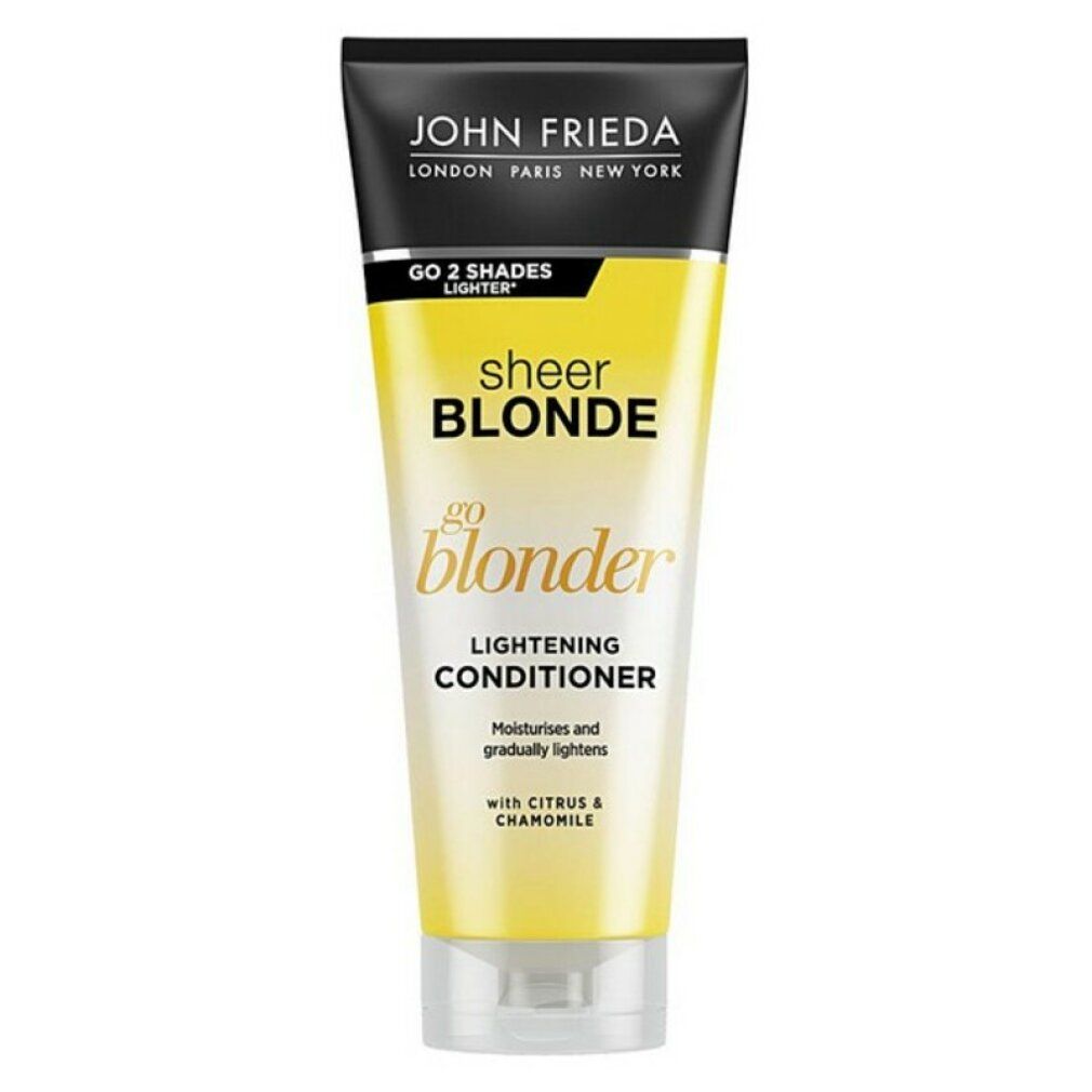 Gelbe Tube mit schwarzem Deckel. Aufschrift: John Frieda Sheer Blonde Go Blonder Lightening Conditioner. Enthält Zitrus & Kamille.