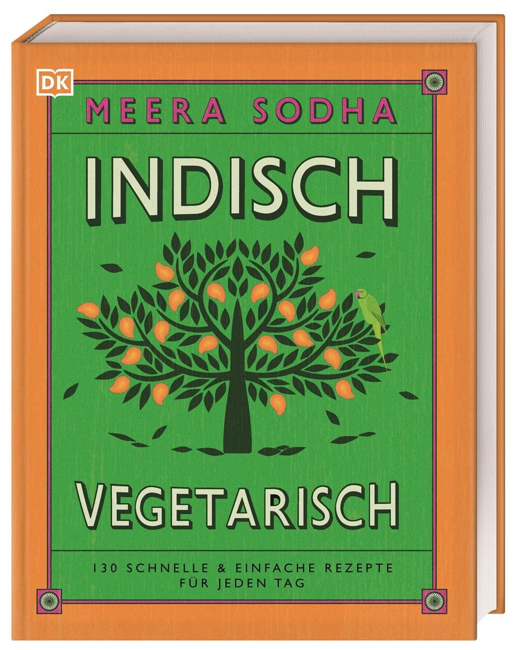 Buchcover: „Indisch vegetarisch“. Titel, Autor, Baum-Illustration mit Früchten und Vogel. Orangefarbener Rahmen, grüner Hintergrund.