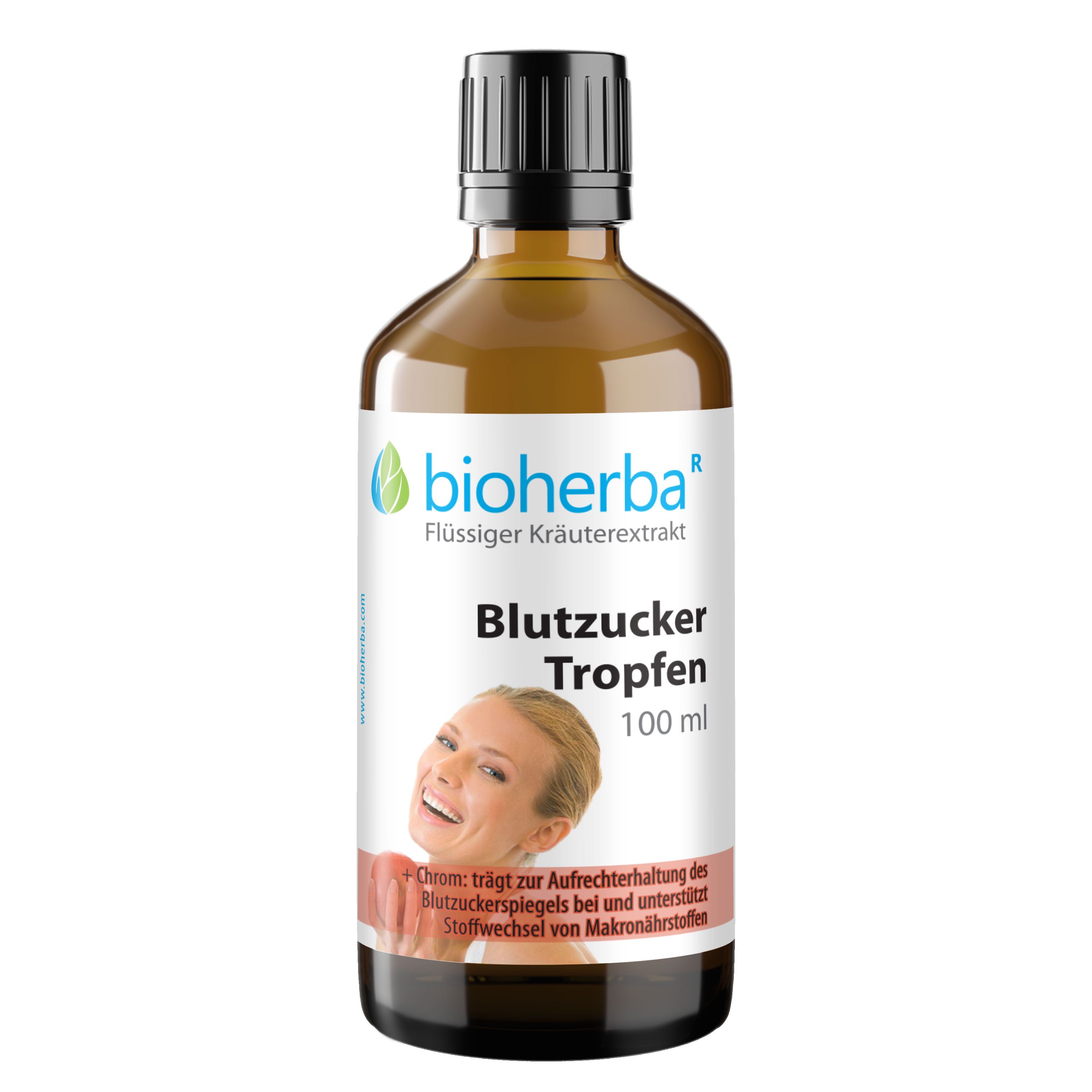 Braune Glasflasche mit schwarzem Deckel. Etikett mit Produktnamen und Marke: Bioherba. Text: Blutzucker Tropfen.